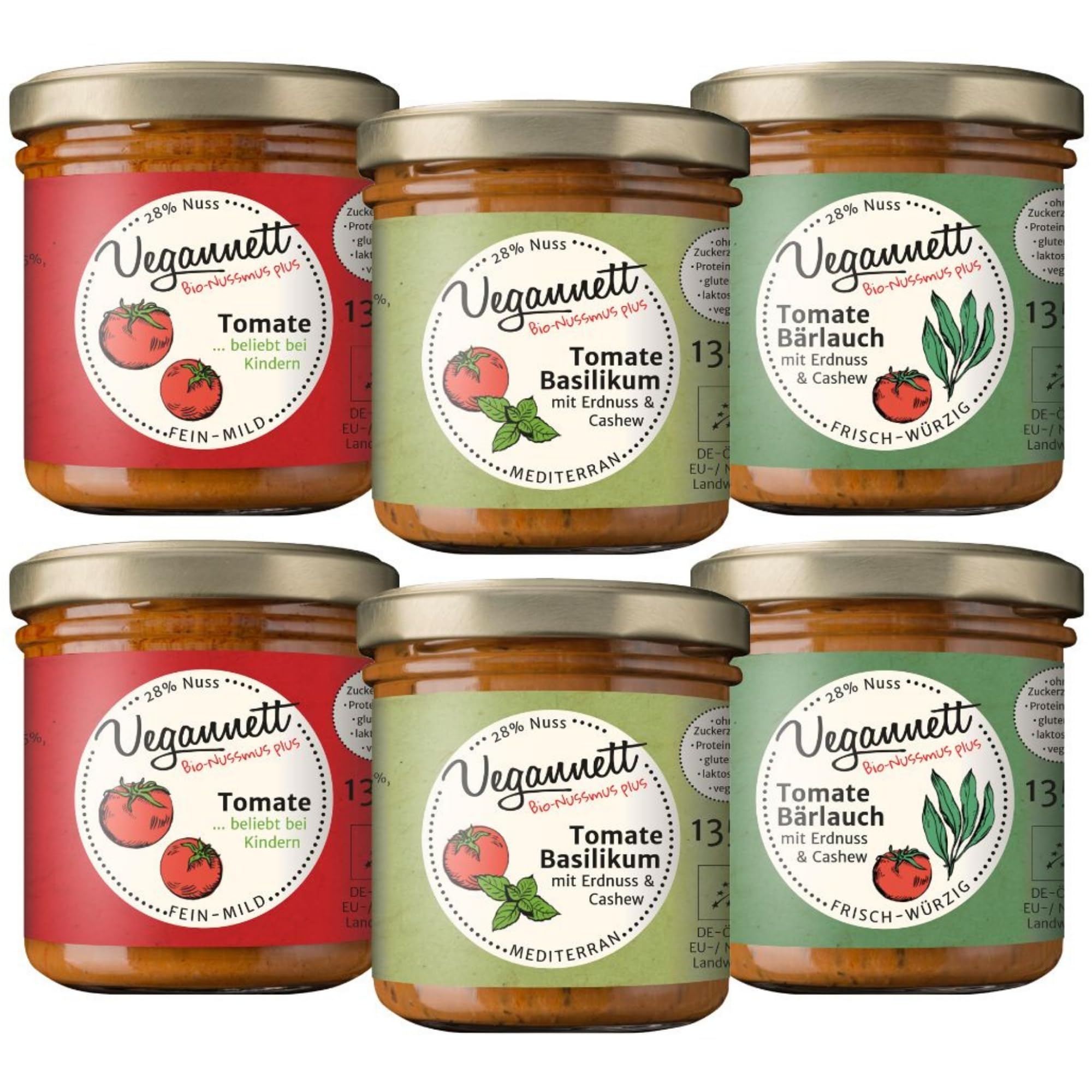 VEGANNETT Bio Brotaufstrich mit Cashew & Erdnuss (Tomate) 6 x 135 g | Handwerklich hergestellter Aufstrich mit regionalem Gemüse und exotischen Gewürzen | Herzhaft, vegan & ohne Zusatzstoffe