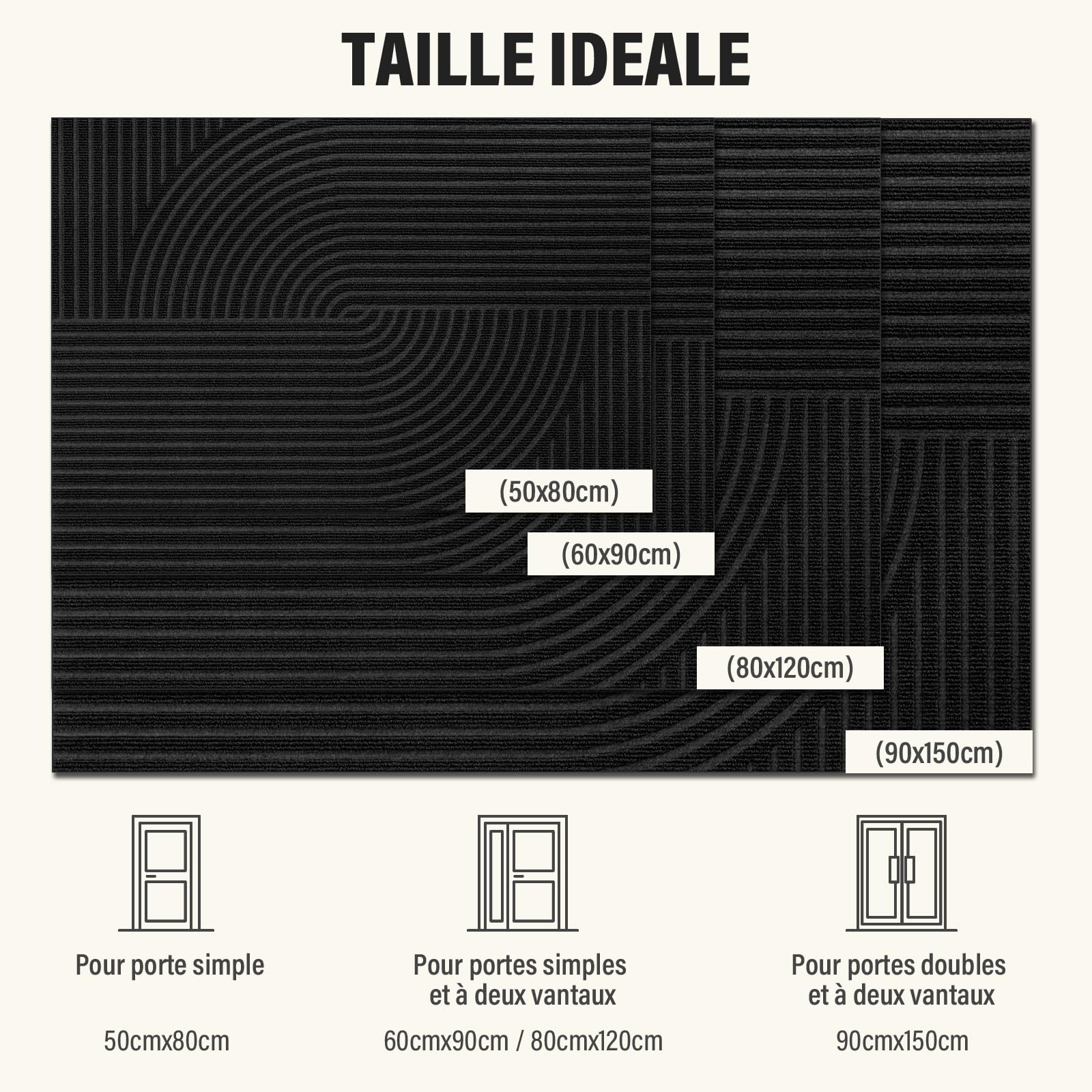 Tapis Entrée Intérieur Motif Vague Symétrique, 60x90cm-Noir | Paillasson Attrape-Poussière Antidérapant, Absorbant, Tapis de Porte Profil Bas et Lavable pour Cuisine,Chambre, Couloir