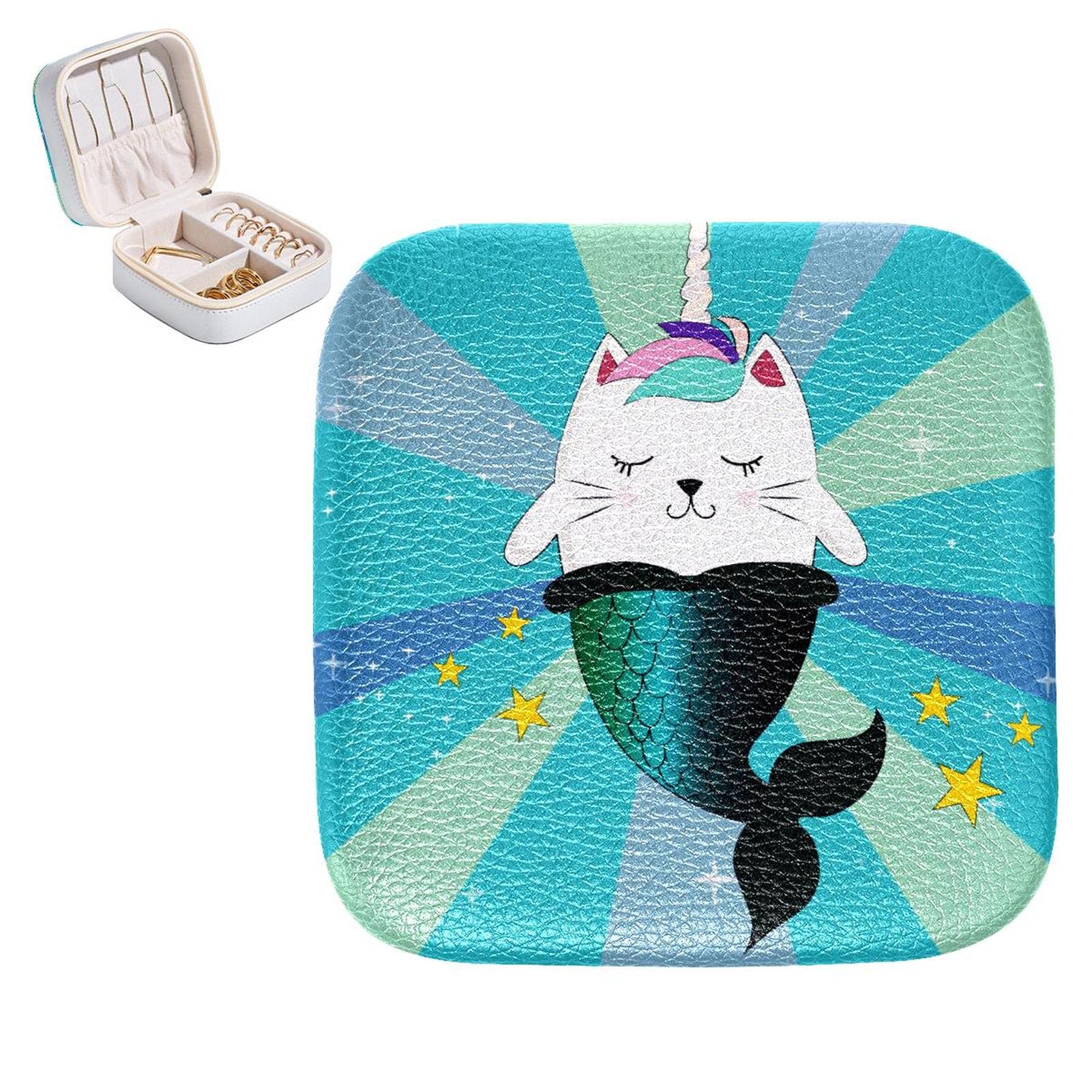 Boîte de rangement à bijoux bleue en cuir PU avec motifs de licorne et sirène