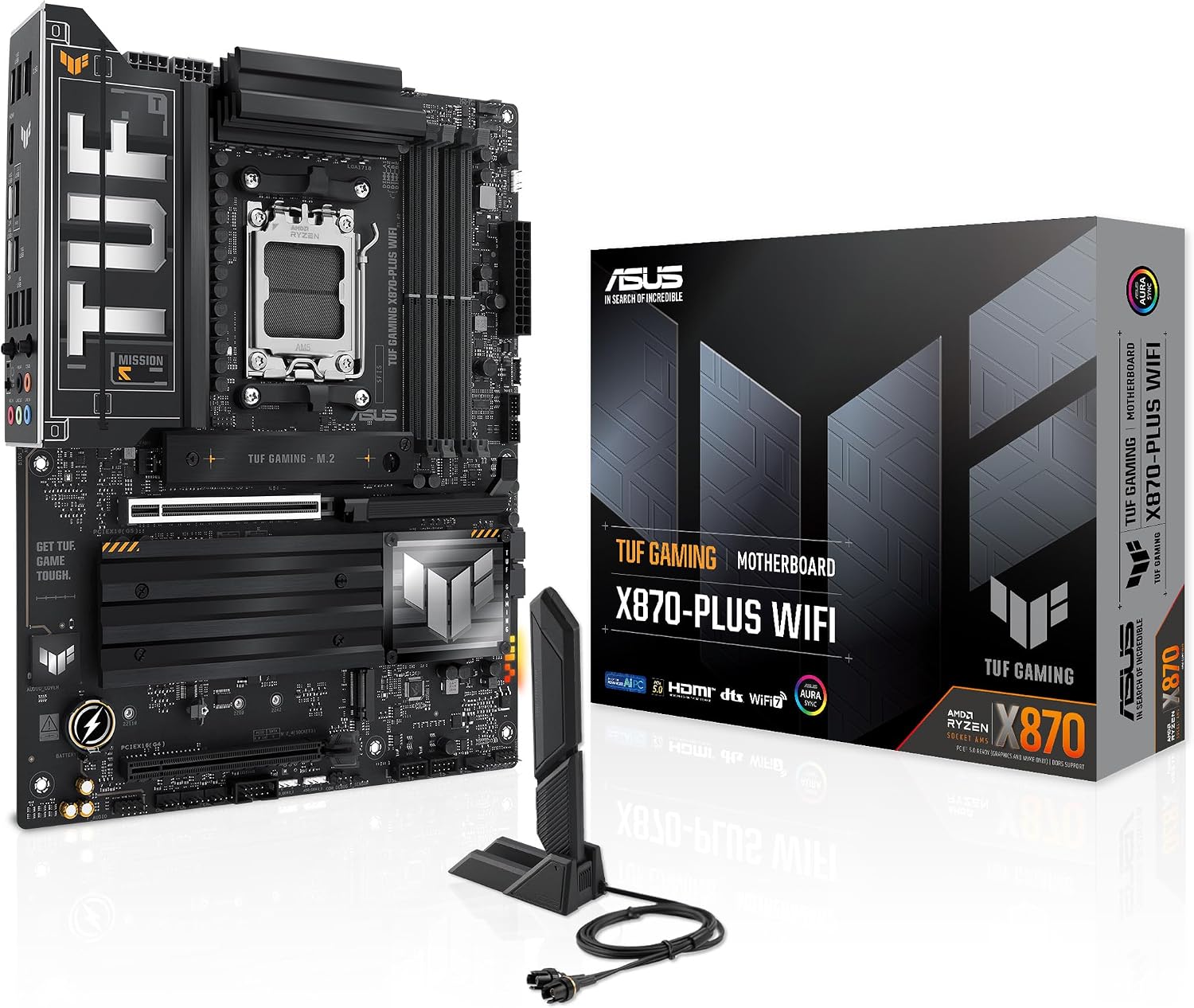 TUF Gaming X870-PLUS WiFi AMD AM5 X870 ATX Motherboard, 16+2+1, 80A SPS Power Stages, DDR5, PCIe 5.0 Ready, Four M.2 Slots, Wi-Fi 7, 2.5Gb LAN, HDMI, USB4® 40Gbps, SATA 6 Gbps, USB 20Gbps Type-C