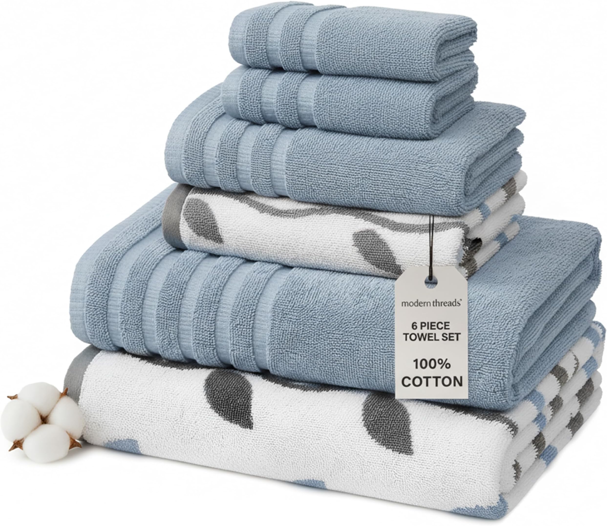Pacific Coast Textiles 6 pc Yarn Dyed towel Organic Vines Cotton Blue,Single,40.6 x 25.4 x 12.7 cm