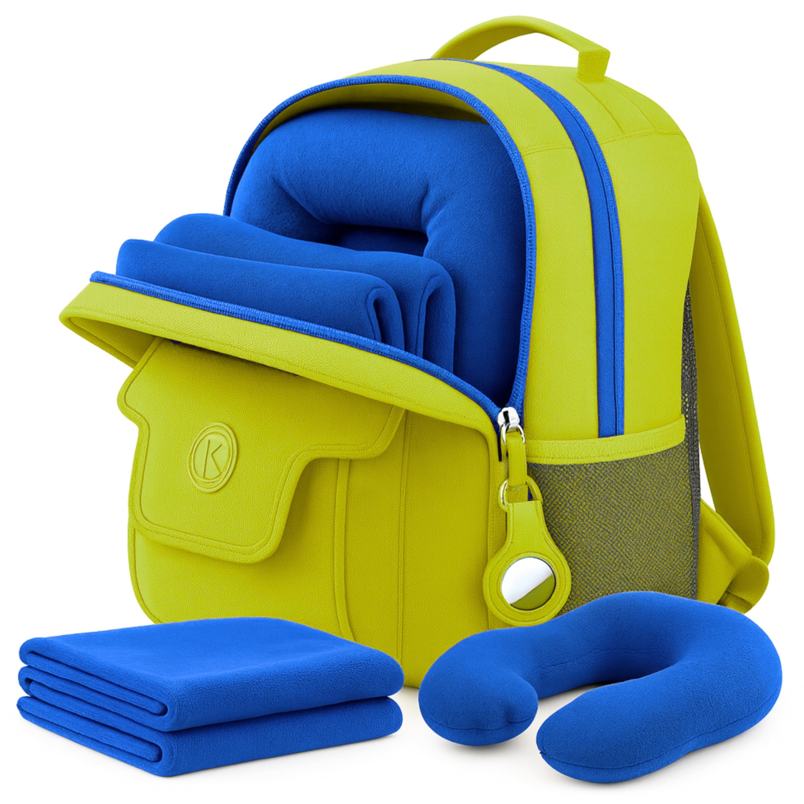 3pc Kids Travel Backpack for airplane | Includes Airtag holder for kid travel pillow and blanket | 5 year old girl birthday gift for year old girl |