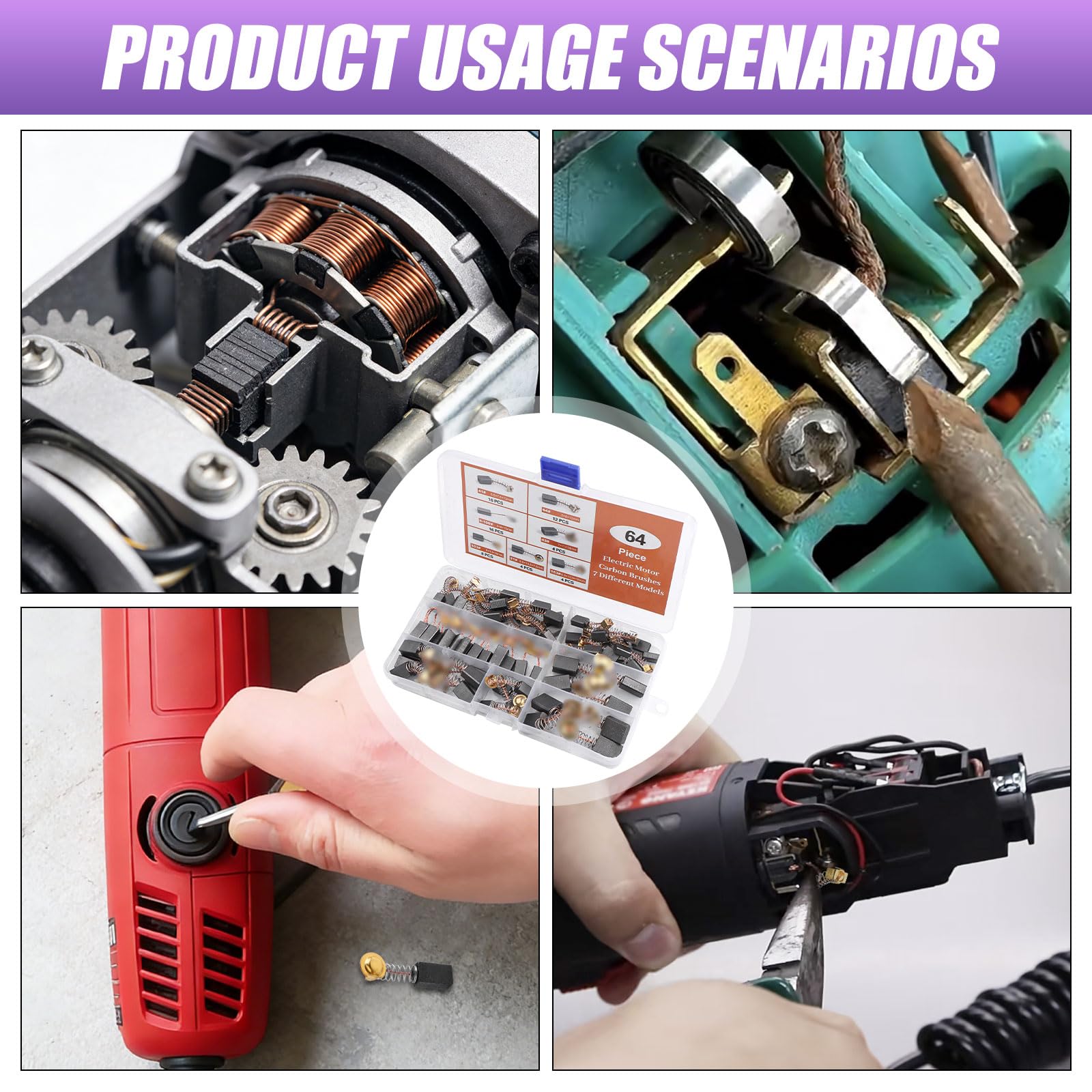 Balais de Charbon 64 Pièces pour Outils Électriques Meuleuse Ponceuse Moteur - 7 Tailles