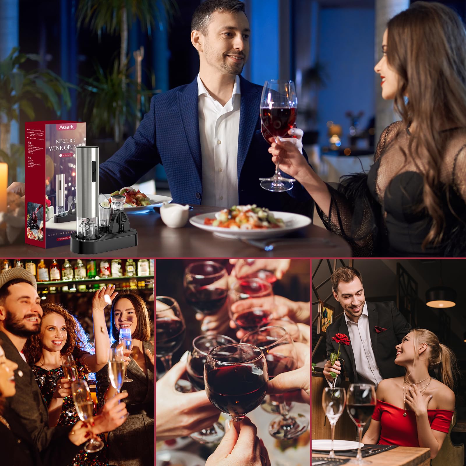 Abrebotellas de vino eléctrico, abridor automático de botellas de vino, sacacorchos eléctrico inalámbrico recargable, juego de regalo con tapón de vino, cortador de lámina, aireador de vino, base de 7