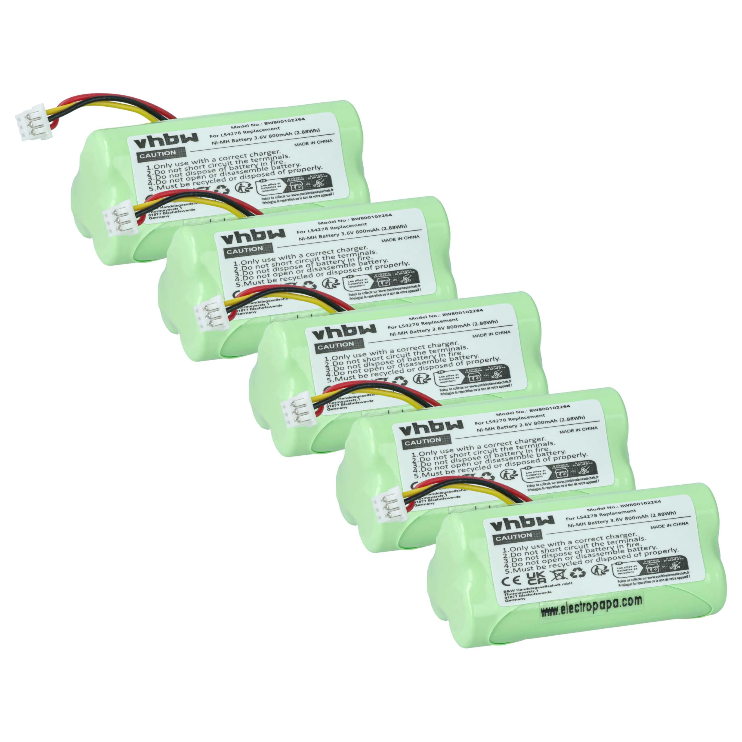 vhbw 5X batería Compatible con Symbol LS4278 escáner códigos de Barra, TPV (800 mAh, 3,6 V, NiMH)
