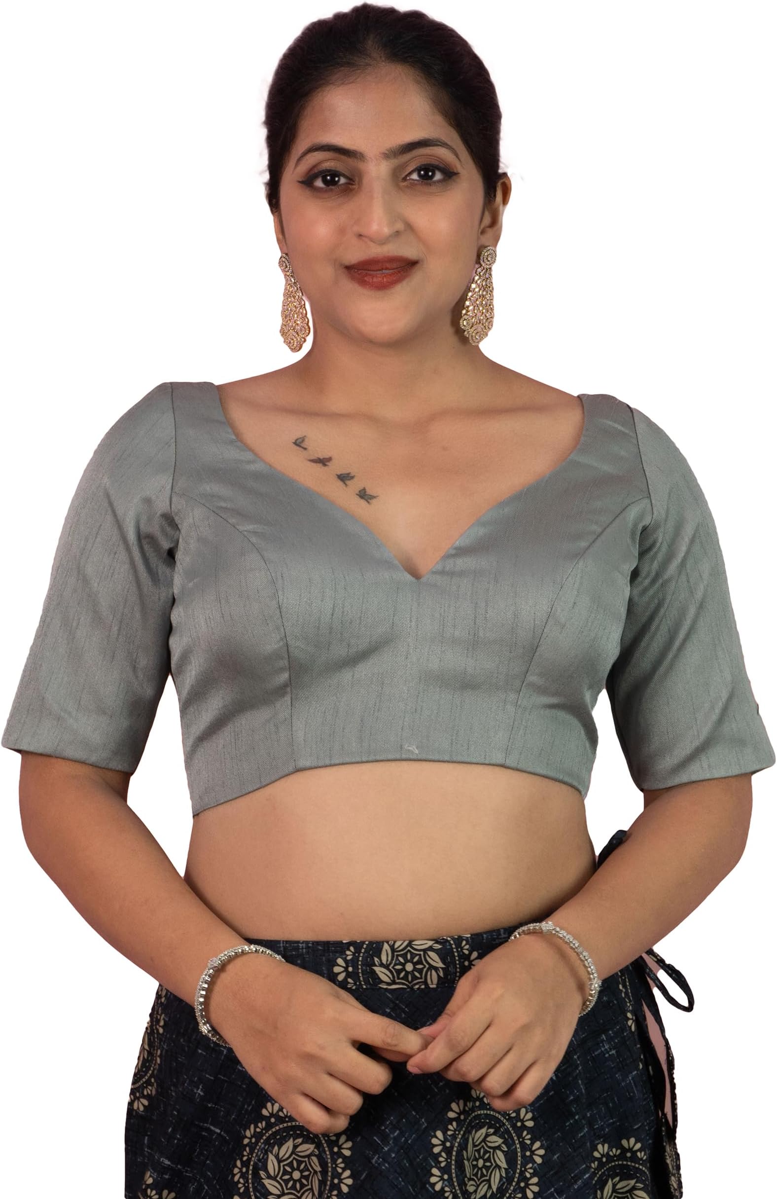 Women's Dupion Raw Silk Half Elbow Sleeves Sweetheart V Neck Sabyasachi Cut Readymade Saree Blouse Padded Stitched Lining Designer Indian Festive Blouse | S10