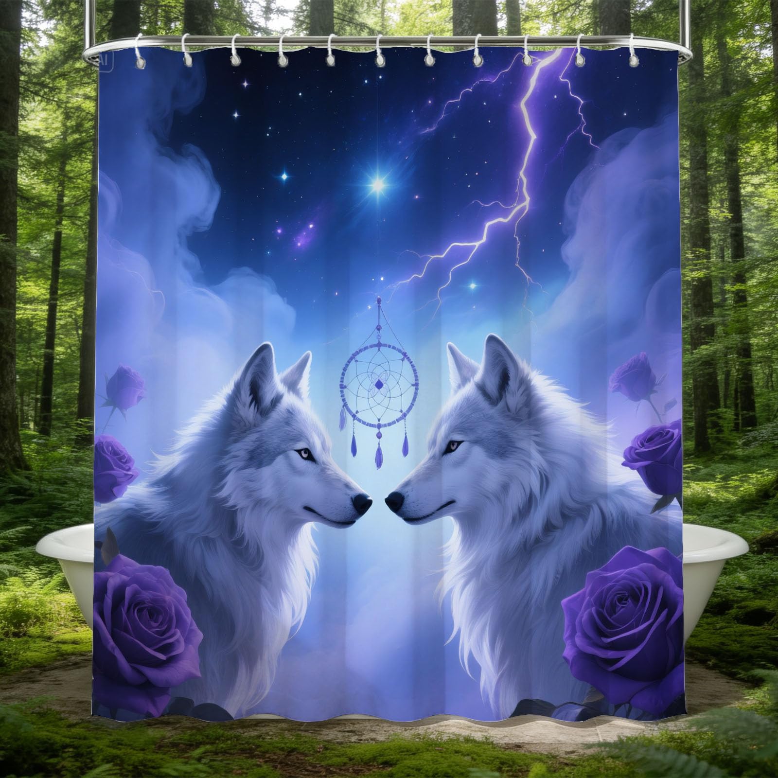 Hongduo 3D Cartoon Feather Shower Curtain for Stalls Bathtubs Wolf Rose Bathroom Decor Shower Curtain Set Polyester Fabric Waterproof 180x200cm/71X79 Inch with Hooks