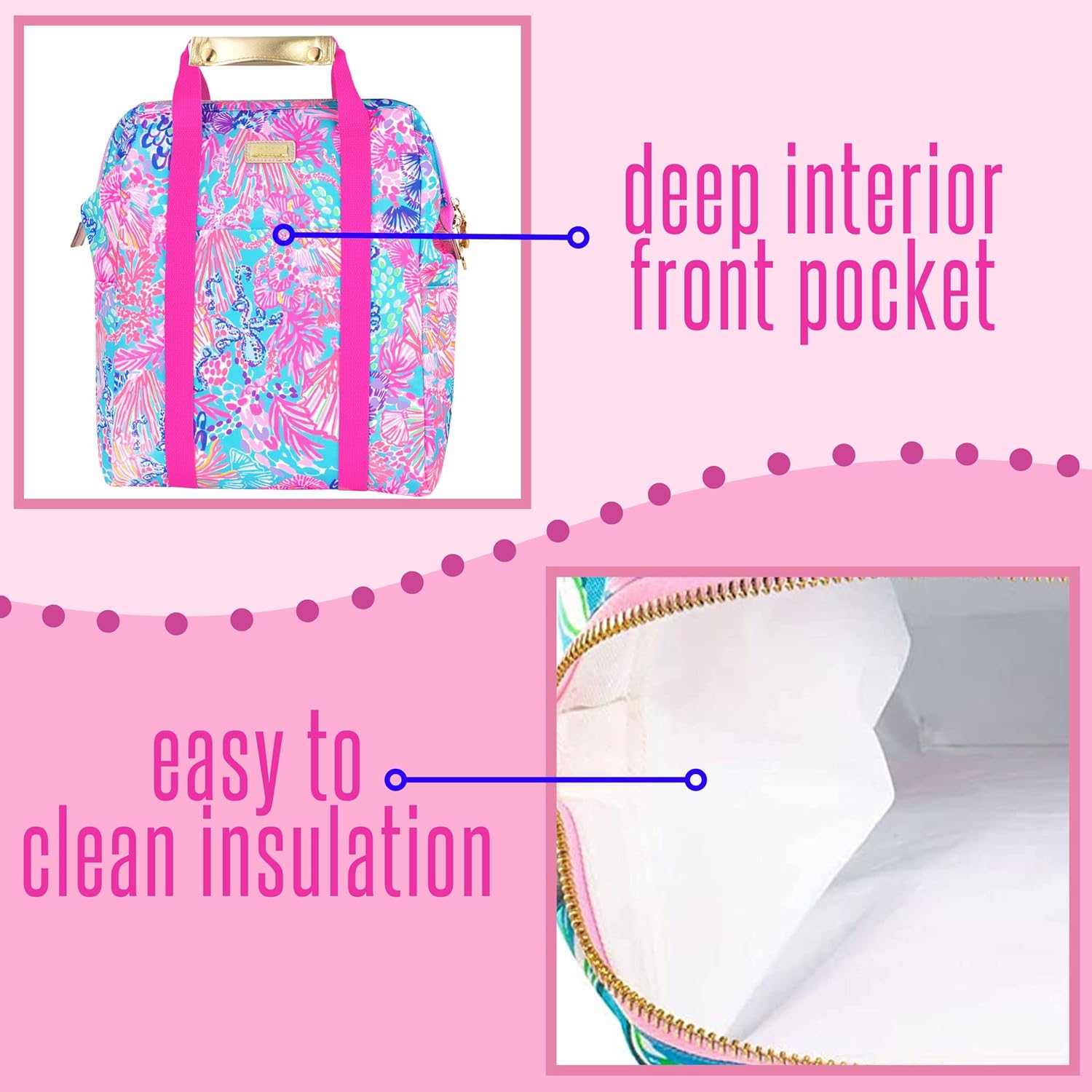 Lilly Pulitzer Insulated Backpack Cooler Large Capacity, Pink/Blue Portable Soft Cooler Bag for Picnics, Beach, Pool, Hiking, Splendor in the Sand
