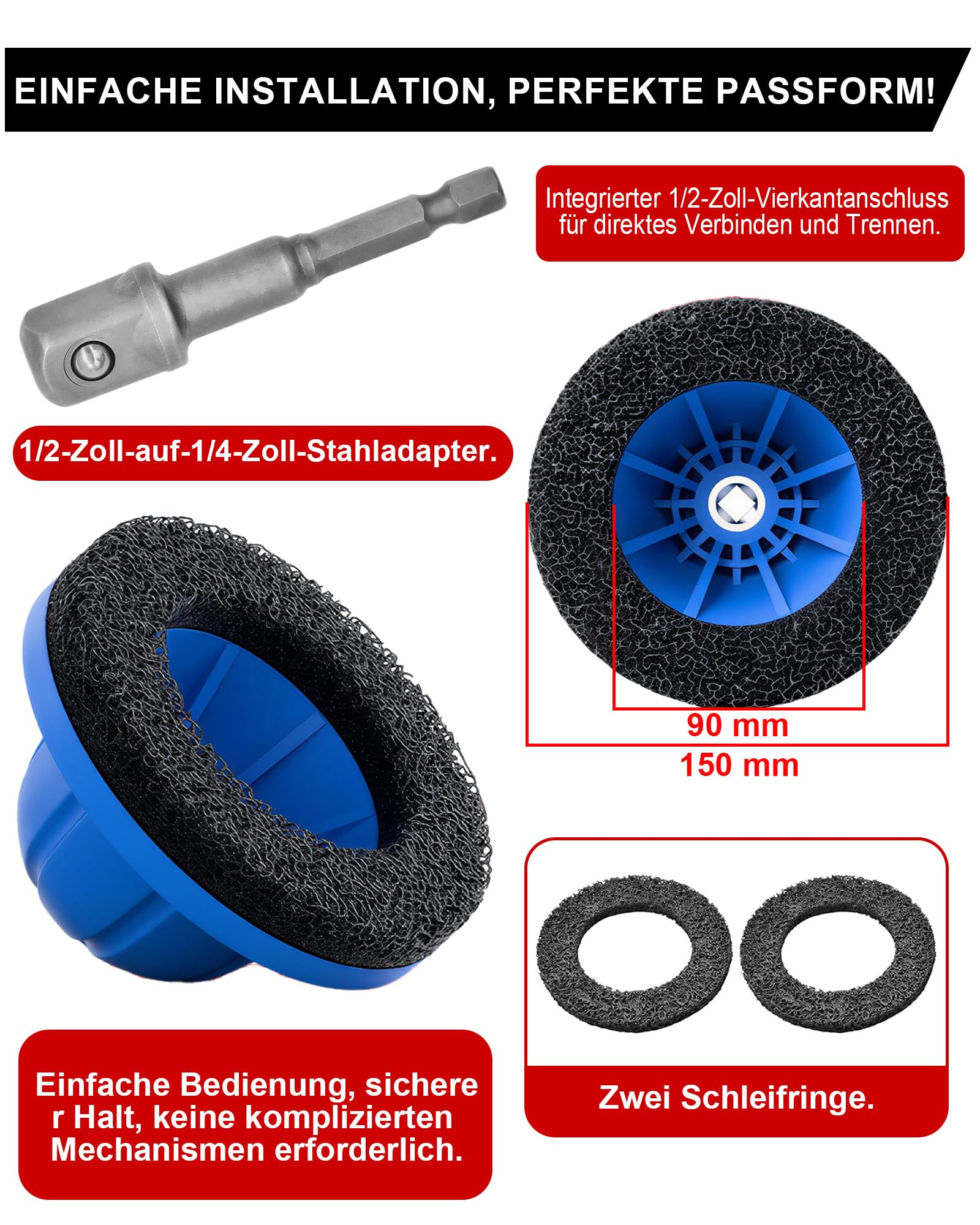 4-Teiliges Radnabenschleifer Auto: Radnabenschleifer Innen-ø 90mm Außen-ø 150mm 2 Stück Schleifrad mit 1/2 Zoll Vierkantantrieb Für Autowerkstätten & DIY Enthusiasten zum Reinigen von Radnaben