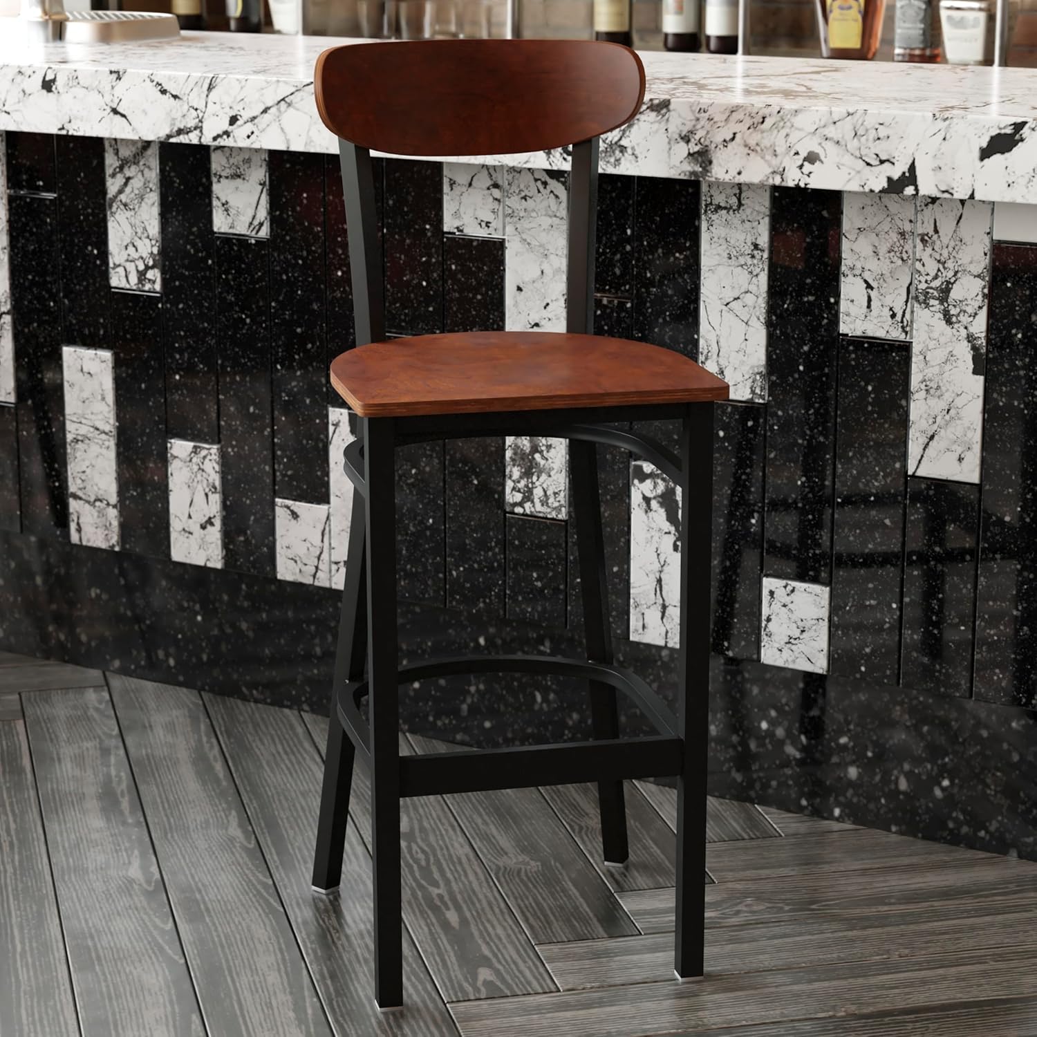 Flash Furniture Wright Commercial Grade Barstool - Walnut Finish Solid Wood Seat and Boomerang Back - 500 LB. Capacity Black Steel Frame - Integrated Footrest