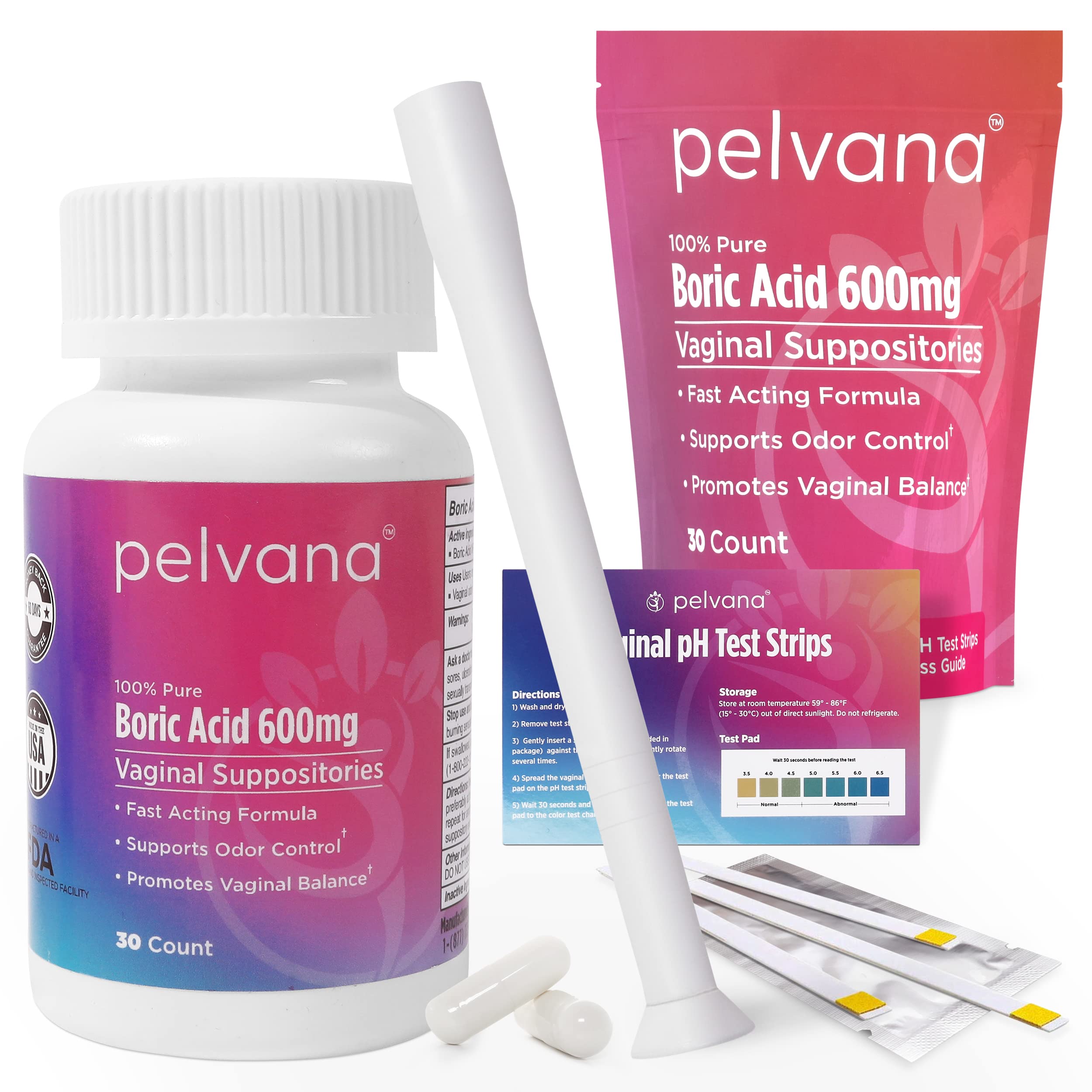 Pelvana Boric Acid Suppositories 30 + 7 Applicators + 10 Test Strips