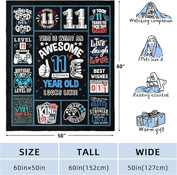 11 Year Old Boy Gifts, Birthday Gifts for 11 Year Old Boy, Cool Presents for 11 Yr Old Boys, Boys Age 11 Gift Ideas, 11th Birthday Decorations Blanket 60 X 50 Inch