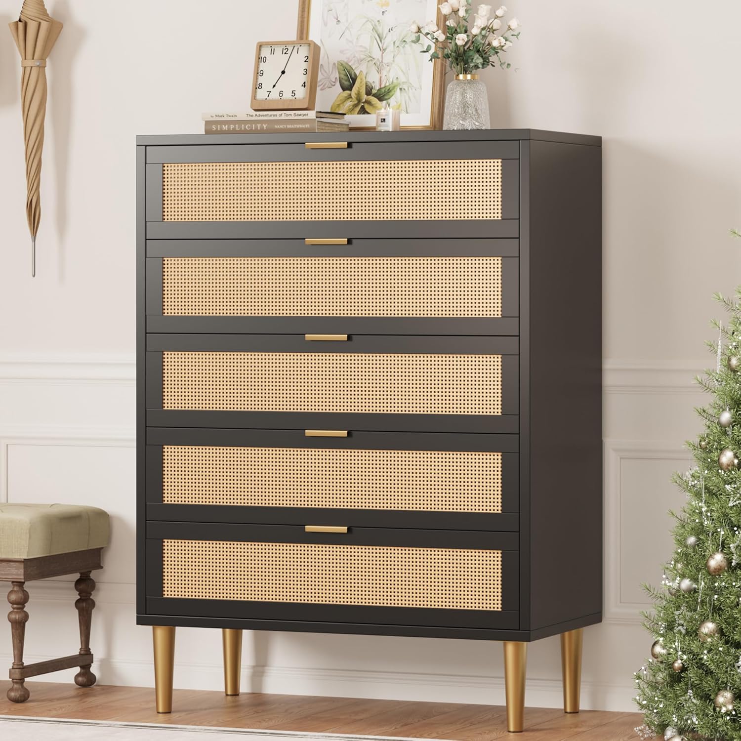 IDEALHOUSE Rattan 5 Drawer Dresser, 44'' Tall Narrow Chest of Drawer, Farmhouse Wooden Vertical Dresser with Metal Legs and Handles, Modern Cabinet for Bedroom, Living Room, Black