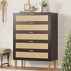 Rattan 5 Drawer Dresser, 44'' Tall Narrow Chest of Drawer, Farmhouse Wooden Storage Cabinet with Metal Legs and Handles, Modern Dresser for Bedroom, Living Room, Black