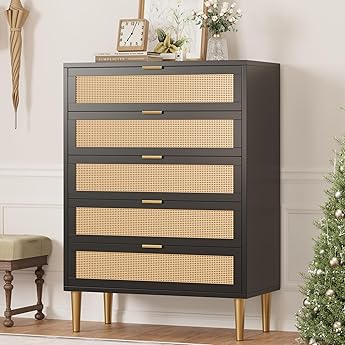 Rattan 5 Drawer Dresser, 44'' Tall Narrow Chest of Drawer, Farmhouse Wooden Storage Cabinet with Metal Legs and Handles, Modern Dresser for Bedroom, Living Room, Black