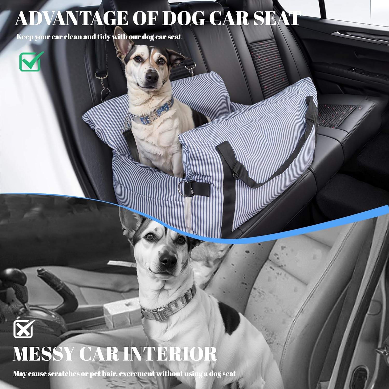 Versatile Dog Booster Car Seat Bed for Small Dogs Puppy Cats Pet Carrier with Side Pockets, Expandable Dog Bed for Auto, Blue Stripes