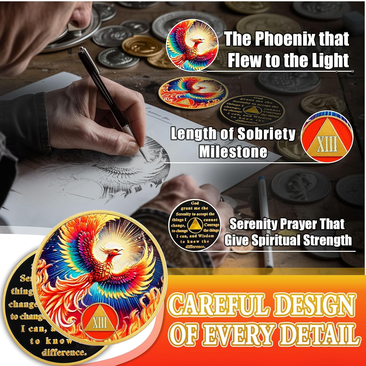 Phoenix of Light 13 Year Sobriety Coin, Rebirth in Fire AA Coin - Addiction Recovery Chip with Token Capsule, Alcoholics Anonymous Sobriety Gifts for Men and Women