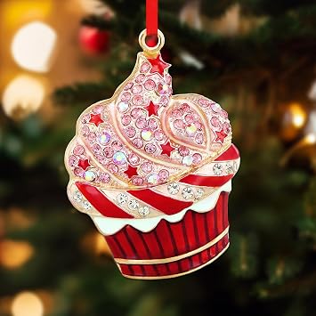 D24TIME Cupcake Ornaments for Christmas Tree - Metal Dessert Ornaments for Women & Kids - Red Cupcake Party Gifts Xmas Tree Decorations
