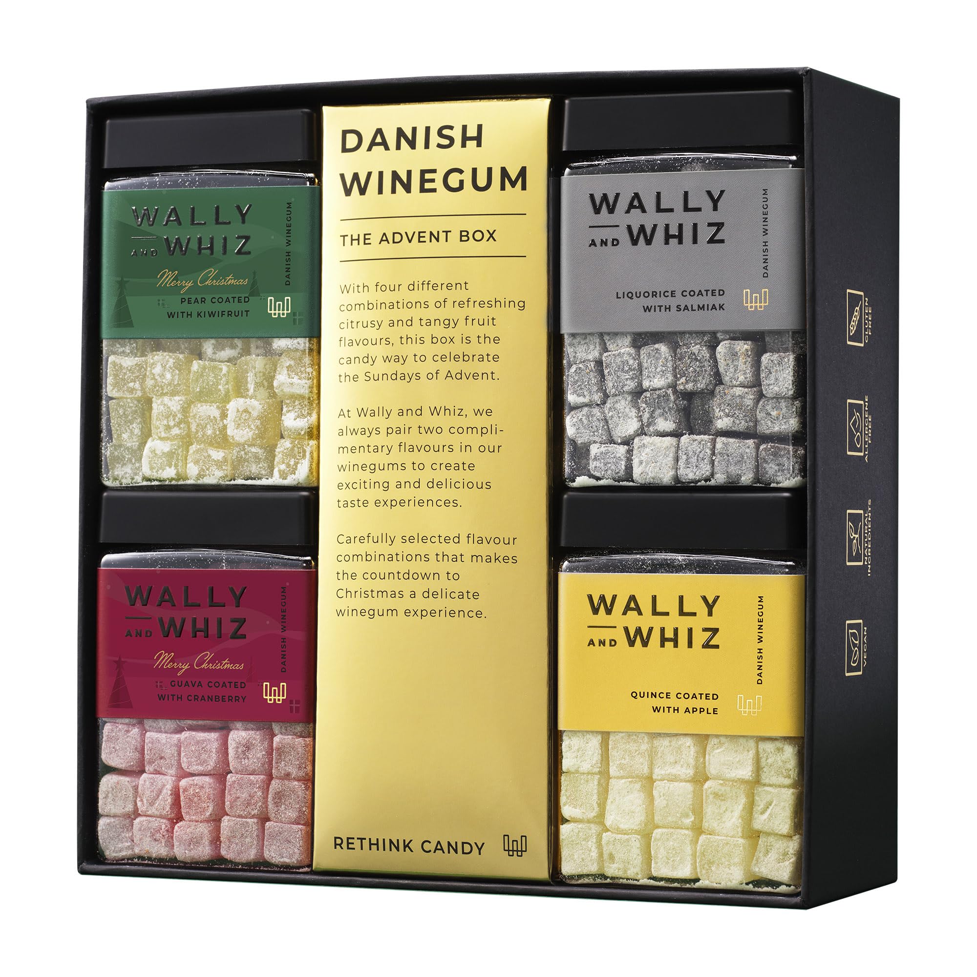 Wally and Whiz – The Advent Box - Adventskalender 2024 – Dänische Gourmet Fruchtgummis – 4 Geschmäcker 4 Dosen Weingummis - Vegane Glutenfrei und Allergenfrei - Natürliche Farbe/Aromen 960g