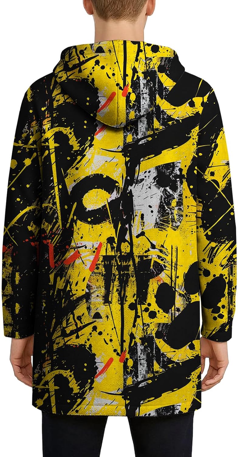 Mens Graffiti Printed Cardigan Hoodies Full Zip Up Long Sherpa Coat Fashion Casual Fleece Lined Jackets with Pockets - Image 2