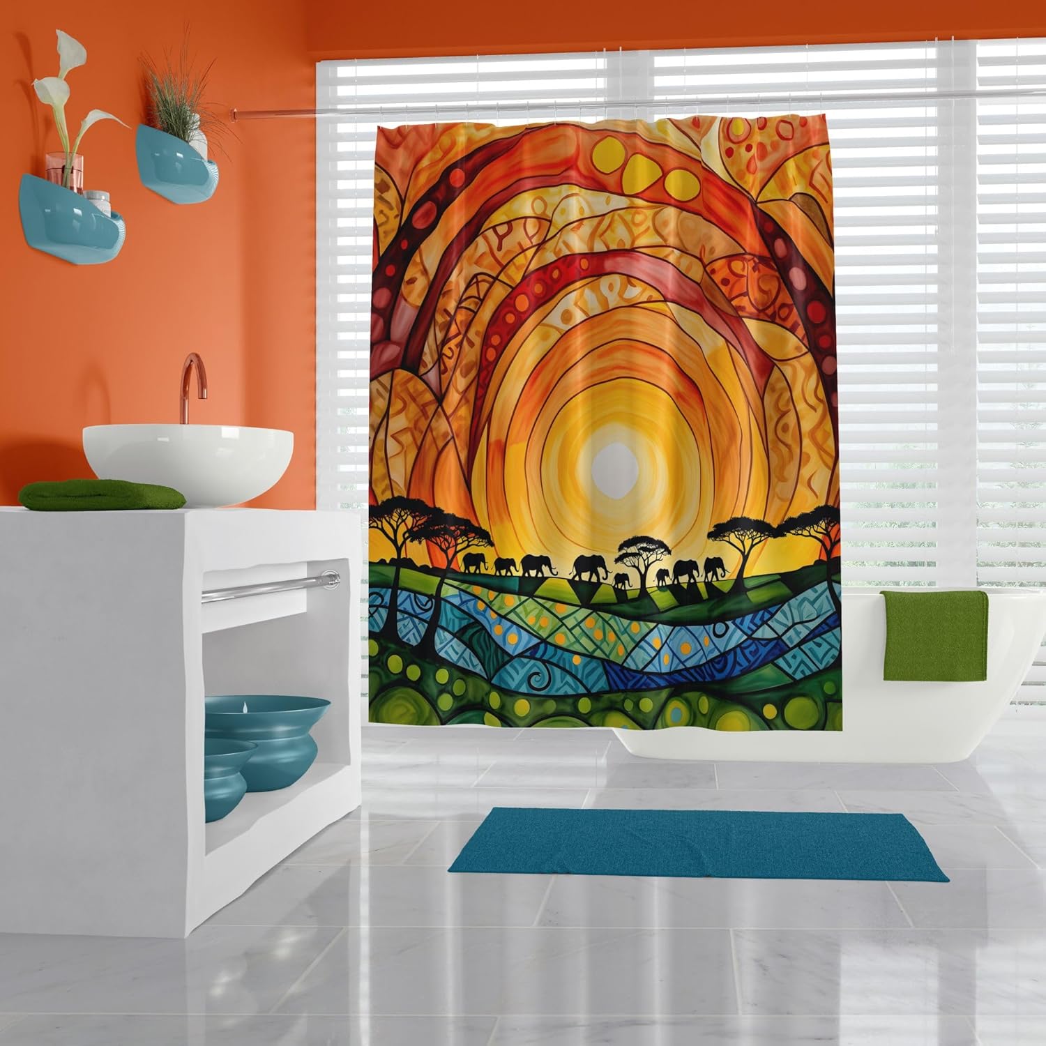 Unique African Elephant Sunset Shower Curtain, Beautiful Abstract Outdoor Design, Artistic Colorful Yellow & Burnt Orange Liner, 120 GSM Waterproof Polyester Fabric, (72" x 72")