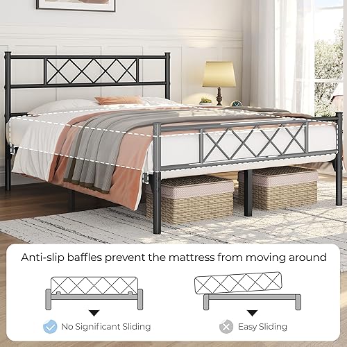 Miniatura 62 de Topeakmart Base de cama de metal negro con cabecero, base de colchón, cama de plataforma, base de cama con listones, tamaño individual Negro -,Blanco