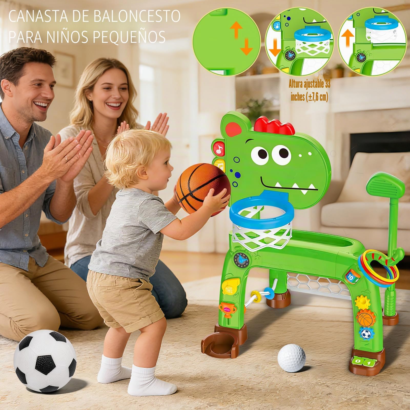 4 en 1 canasta de baloncesto y portería de fútbol para niños pequeños, juguete para bebé con juego de golf y juego de lanzamiento de anillos, juguete de dinosaurio para niños y niñas de 1, 2, 3 años
