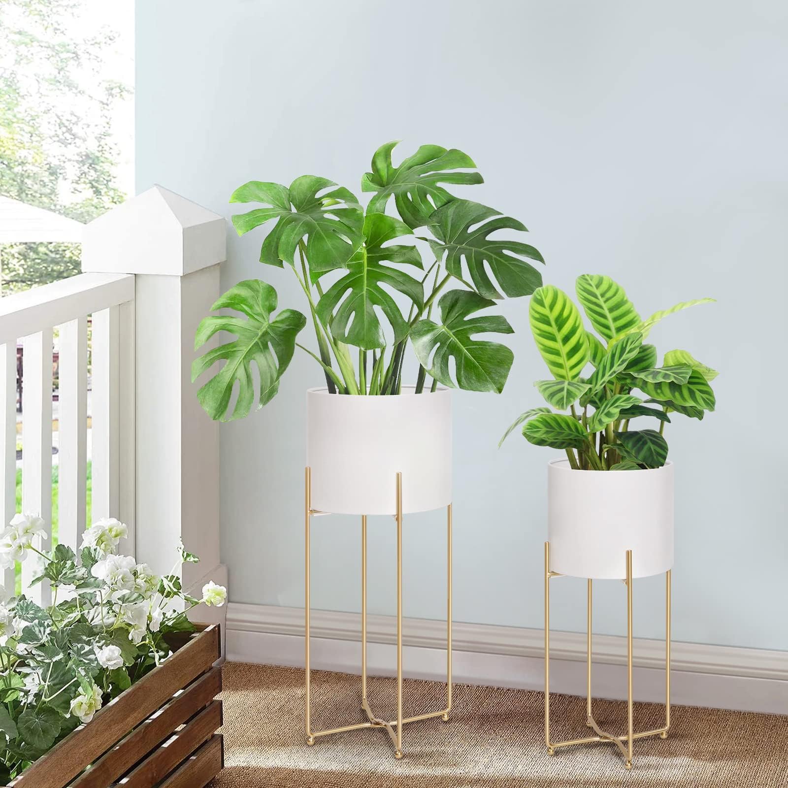 HowHomely Support Plante Métal 68 Cm Style Loft - Pot Rond Blanc 18 Cm Doré Élégant