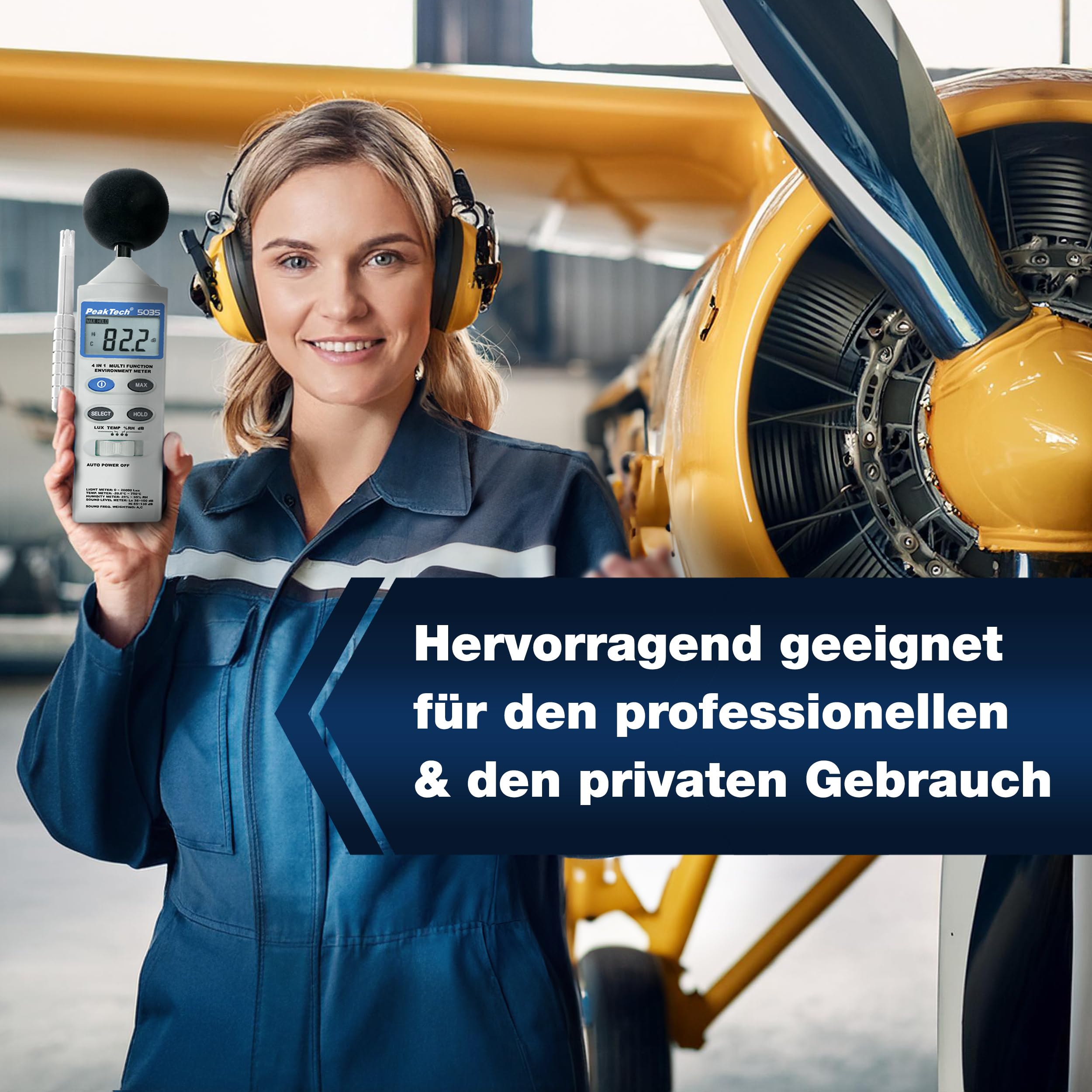 PeakTech 5035 – Appareil de Mesures Environnementales Multifonction 4 en 1, Son, Température, Humidité et Luminosité, Écran LCD, Capteur Type K, Fonctionnement sur Piles - 250g