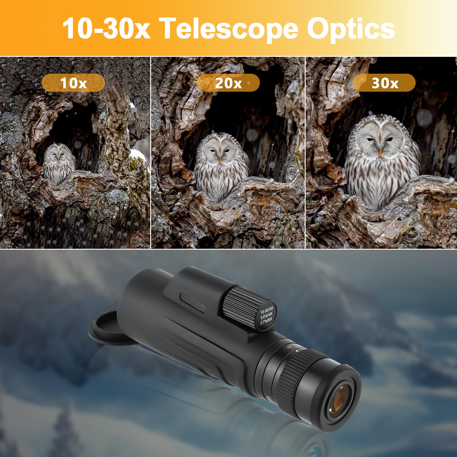 Monoculaire zoom 10-30 x 50 pour adultes avec adaptateur smartphone et trépied, télescope portable avec lentille FMC haute puissance et prisme BAK, monoculaire compact étanche pour