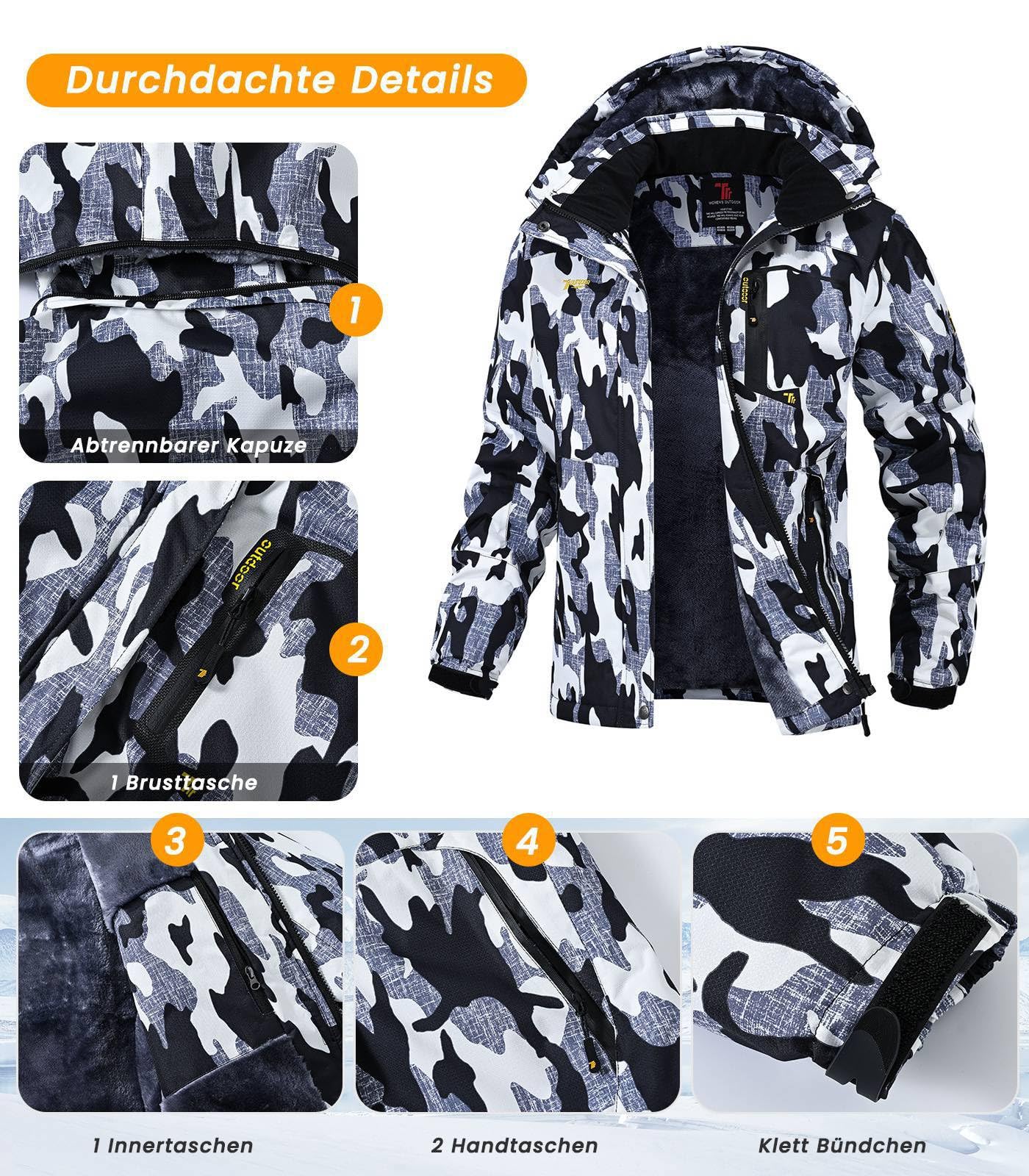 Rdruko Winterjacke Damen Wasserdicht Skijacke Snowboardjacke mit Kapuze | Winddicht Atmungsaktiv Schneejacke Softshelljacke Fleece Gefüttert Verdickt Wanderjacke Winter Outdoor Jacken