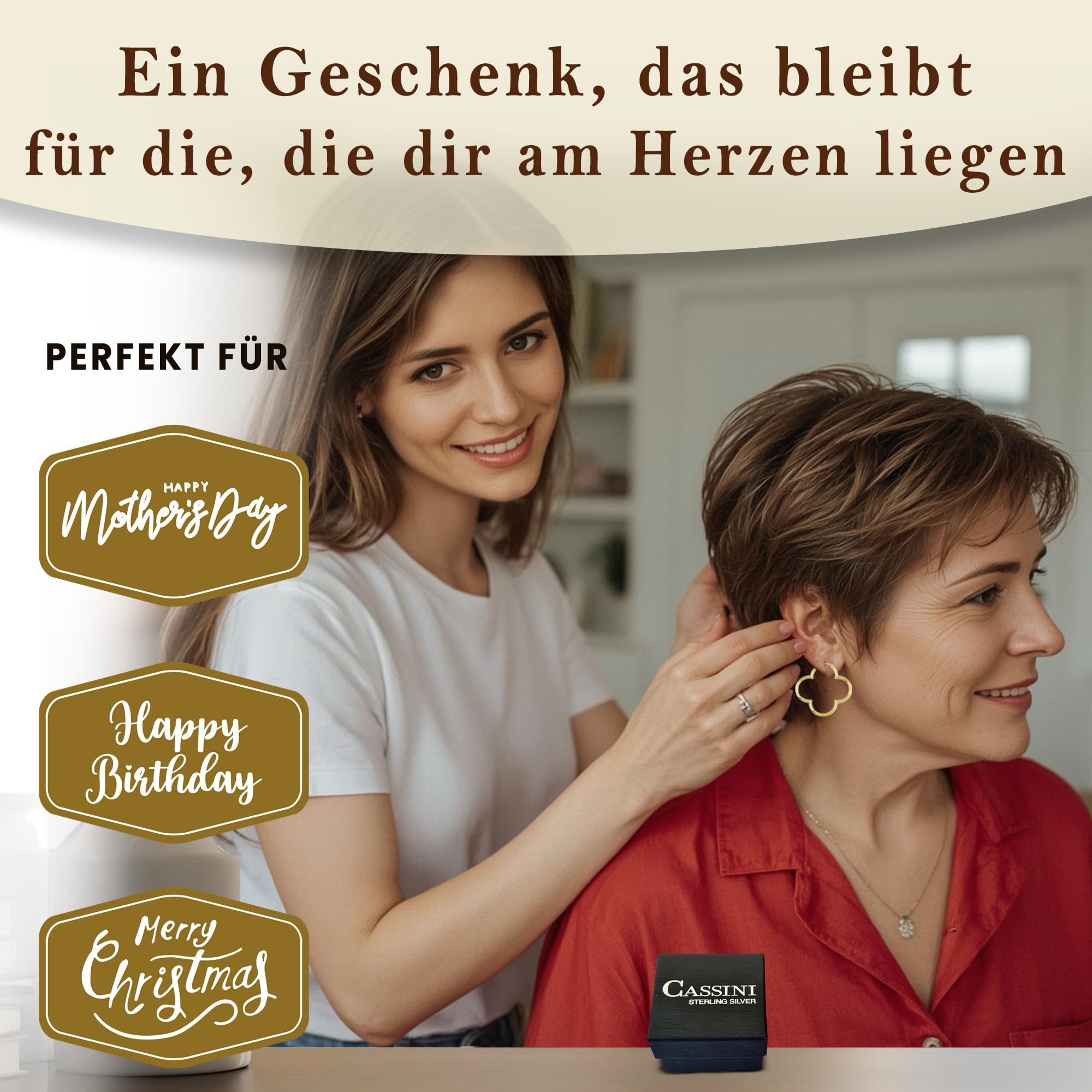 Cassini Damen Kleeblatt-Creolen Silber, 18K vergoldet oder Roségold (⌀ 25-55mm) – Hochglanzpolierte Kleeblatt-Ohrringe, große hypoallergene Creolen mit sicherem Klappverschluss, Schmuck für Frauen