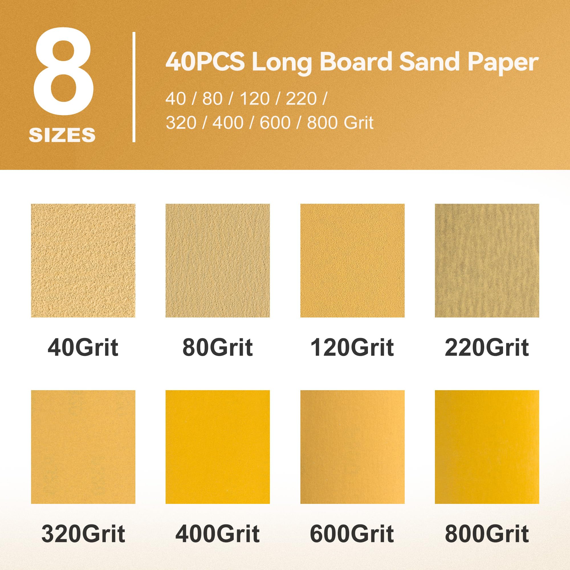 CowboyBOB 40 hojas de papel de lija de grano surtido dorado PSA Longboard de 2-3/4 x 16-1/2 pulgadas, papel de lija autoadhesivo para carpintería automotriz, bloque de lijado a mano