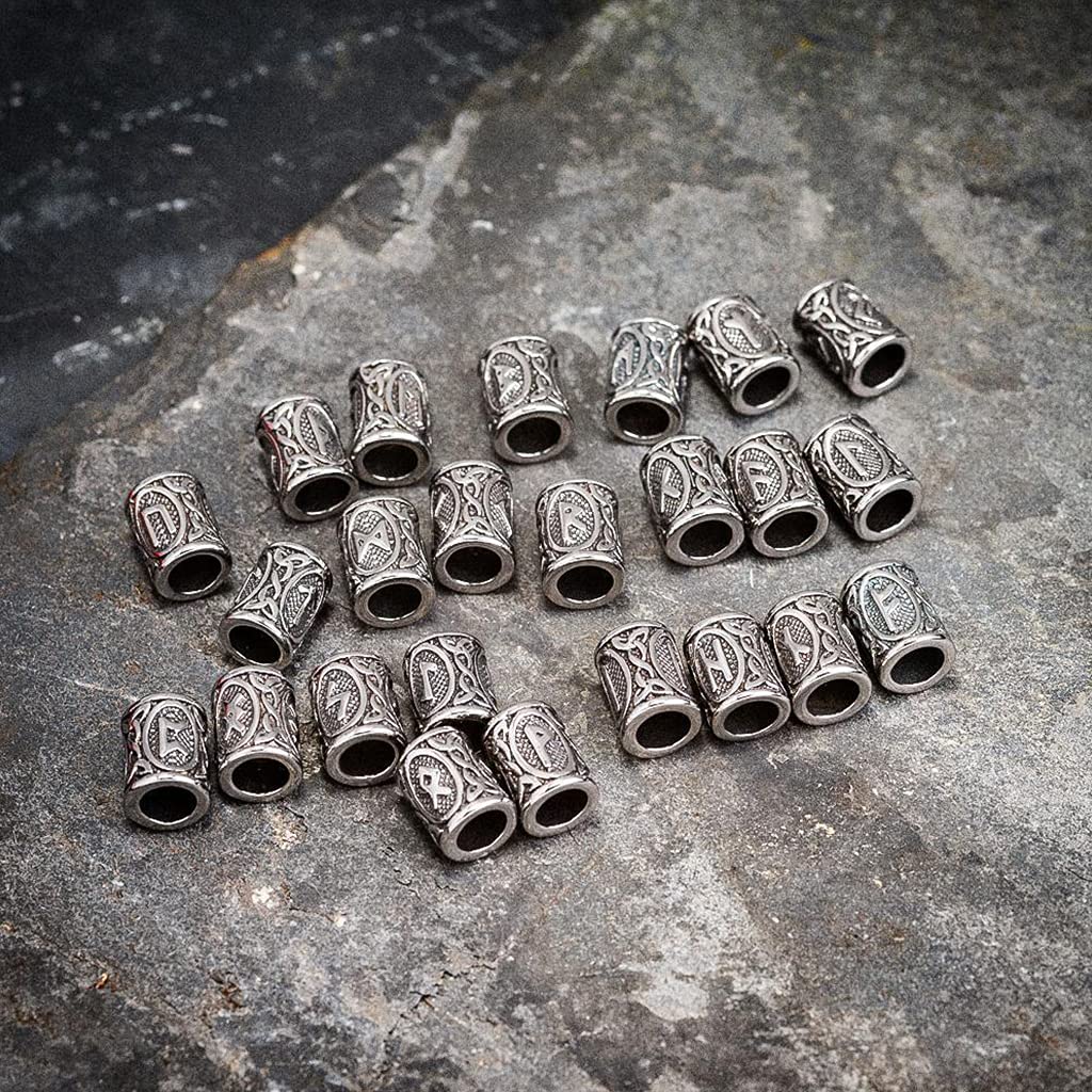 YABEME 24 Piezas Cuentas Runas Vikingas Acero Inoxidable - Cuentas Barba Pelo, para Trenzar Bricolaje Pulsera Collar Colgante, Nórdico Escandinavo para Hombres Mujeres Símbolos de Amuleto