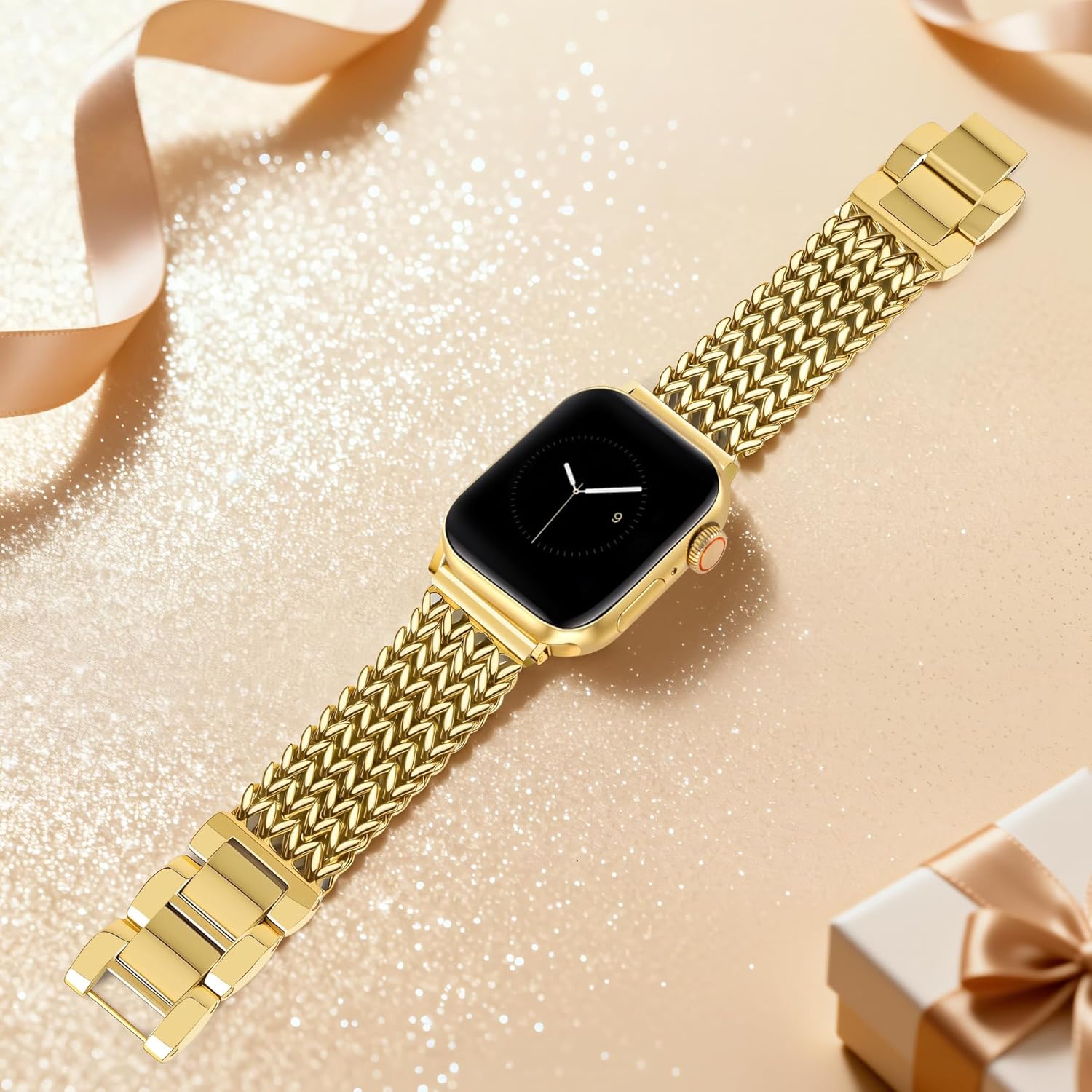 JR.DM Gold Bracelet Band for Women Compatible with Apple Watch 38mm 40mm 41mm 42mm (S10/11) Designer Stainless Steel Metal Chain Dressy Strap for iWatch Series 11/10/9/8/7/6/5/4/SE/3/2/1