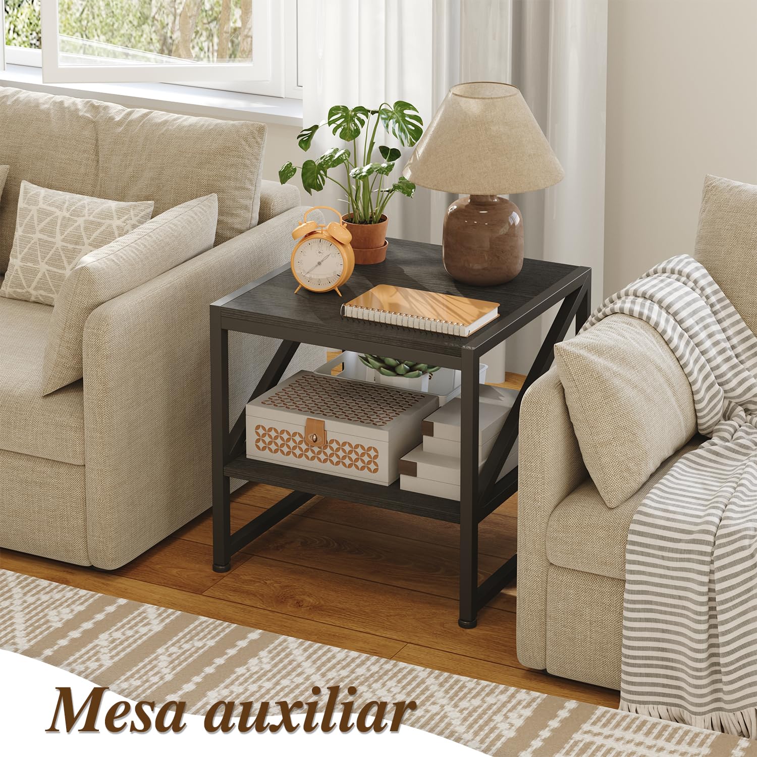 CAIYUN Mesa Auxiliar Salón 50x50x51,5 cm, Mesa de Centro de 2 Niveles Carga Máxima 90 kg, Estilo Industrial con Estructura de Metal, Soporte para Mini Nevera Acuario Impresora, Negro