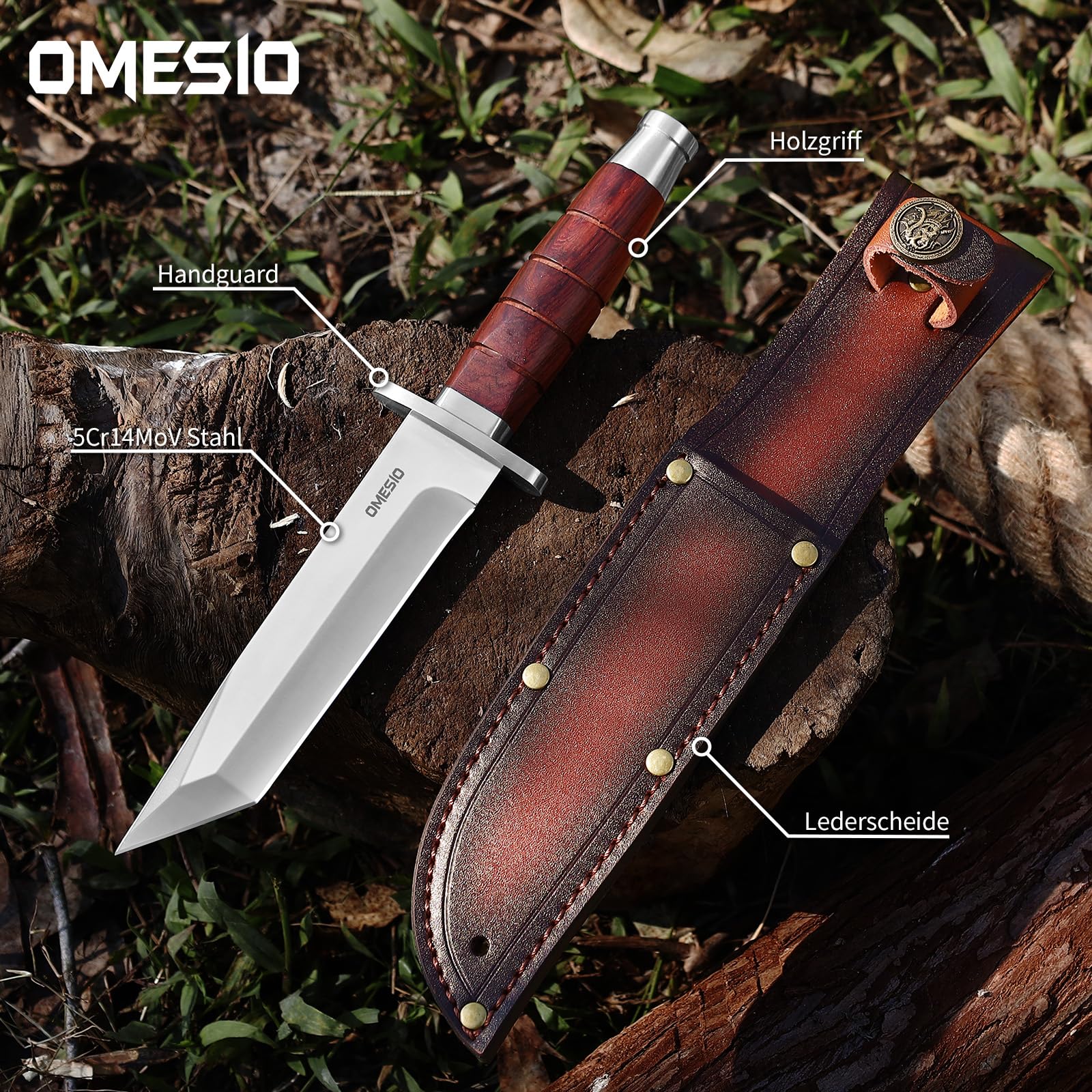 Omesio Coltello Da Caccia Outdoor, Lama Fissa — Include Fodero in Pelle, Realizzato Acciaio 5cr14mov — Manico Interamente in Legno — Adatto Per Il Campeggio e La Sopravvivenza Nella Natura Selvaggia