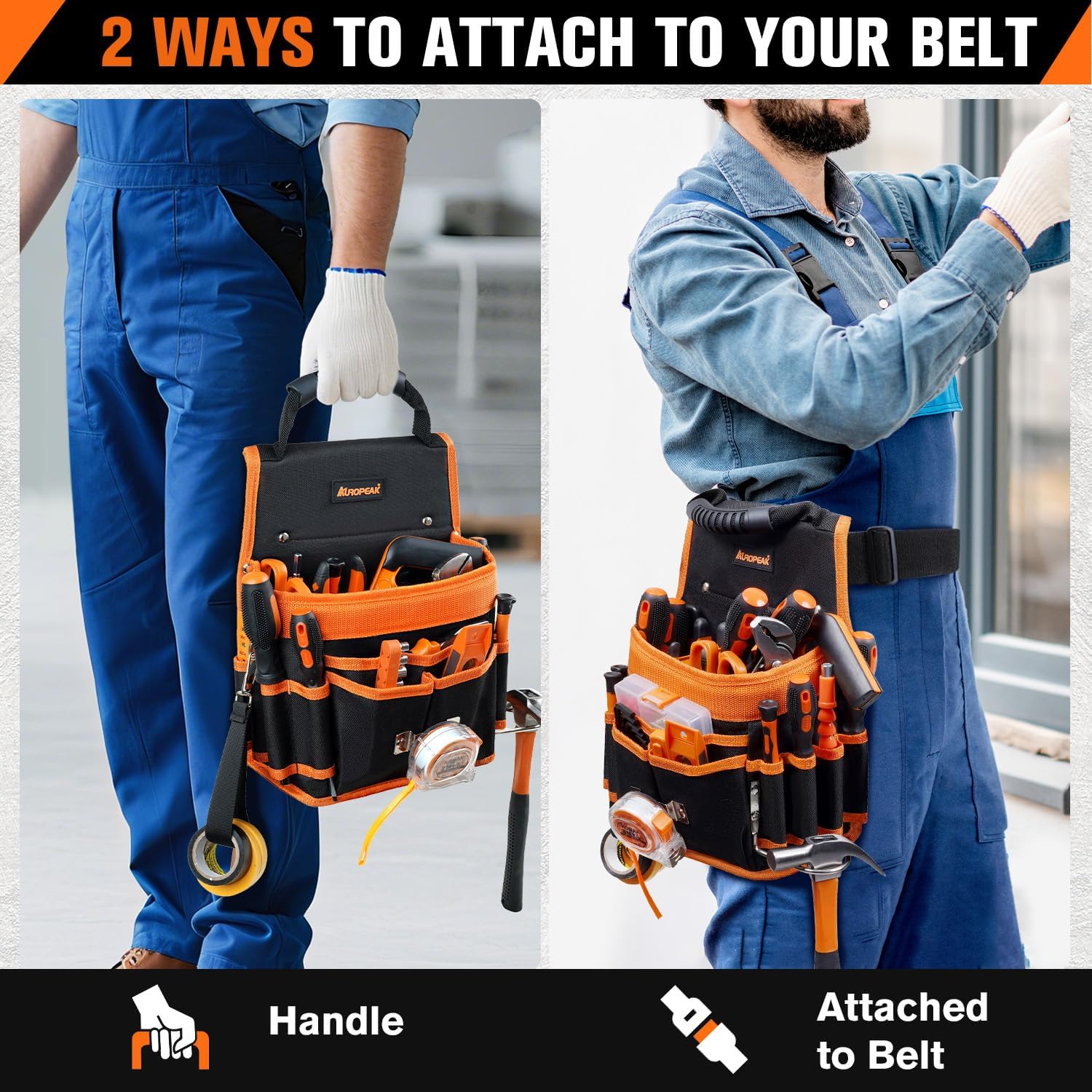 AUROPEAK Tool Belt Pouches, 22 Pockets Electrician Tool Pouch with Hammer Loops and Tape Clip, Detachable & Adjustable Single Side Belt Tool Pouch for HVAC Craftsman Contractor Electricians Carpenter