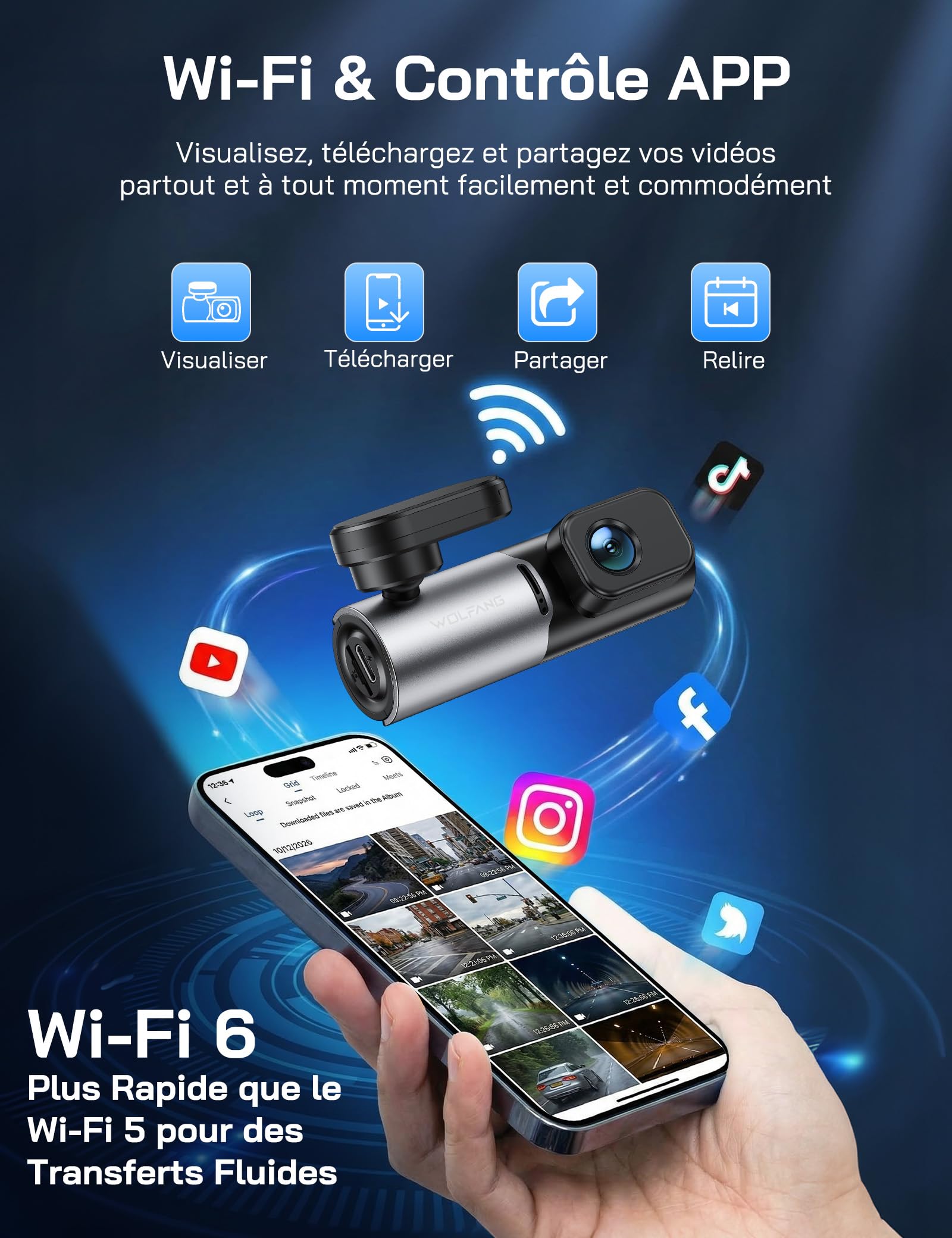 WOLFANG 2.5K Dashcam Voiture, 1440P WiFi Caméra Voiture avec App Contrôle, Mini Dash Cam Avant avec Grand Angle 170°, G-Capteur, Mode Stationnement 24H, Vision Nocturne, Enregistrement en Boucle