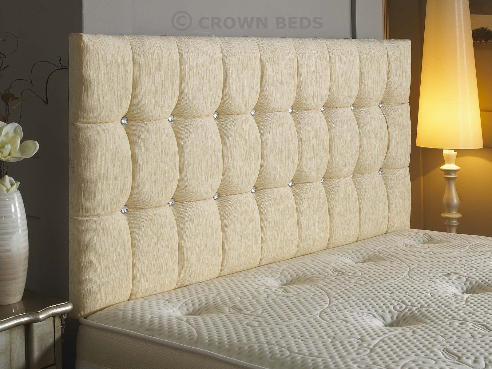 CROWNBEDSUK Omega diamante chenille headboard in 2ft6,3tf,4ft,4ft6,5ft,6ft (6FT SUPER KINGSIZE, Cream)