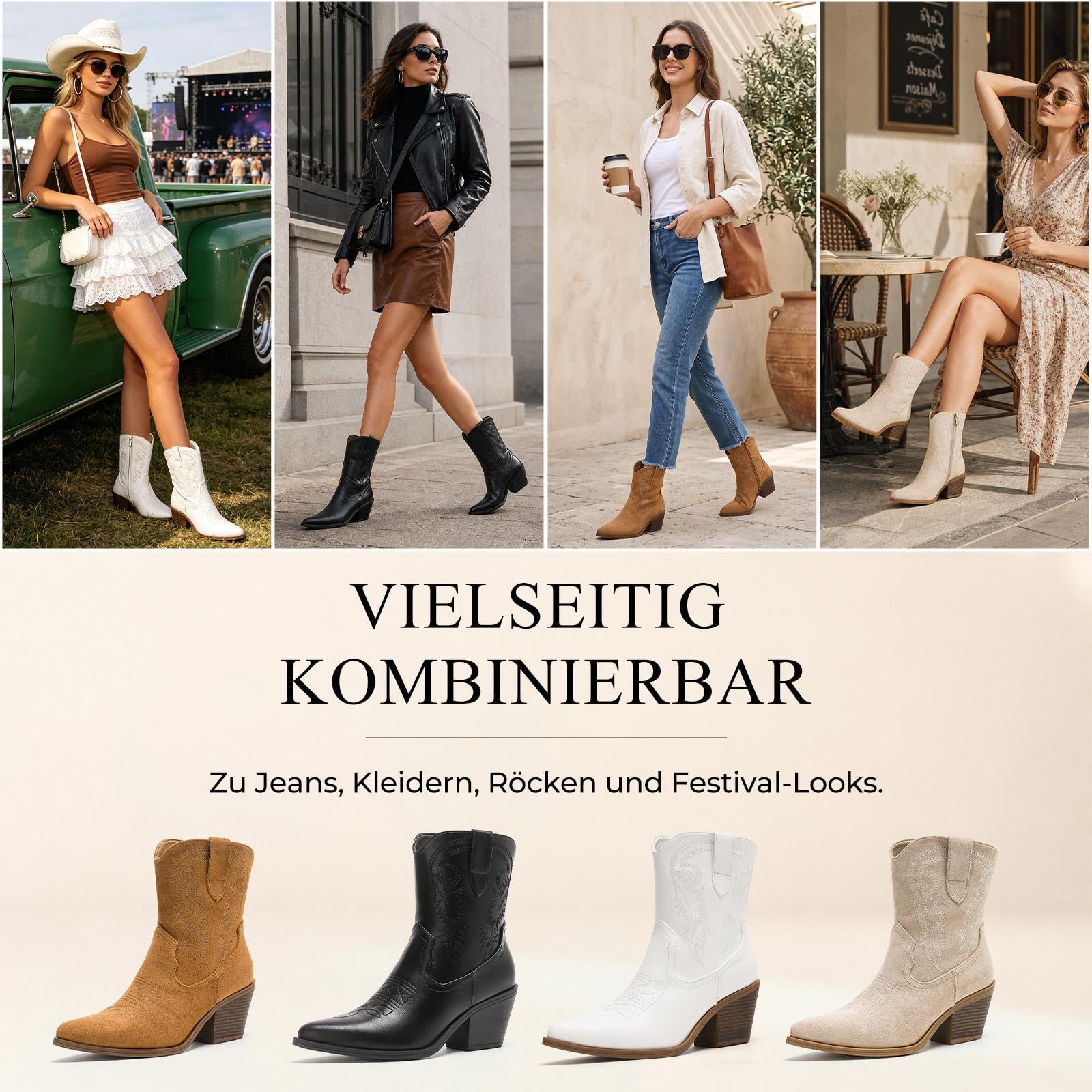 Putu Damen Stiefeletten Western Boots mit Stickerei Absatz 36-42