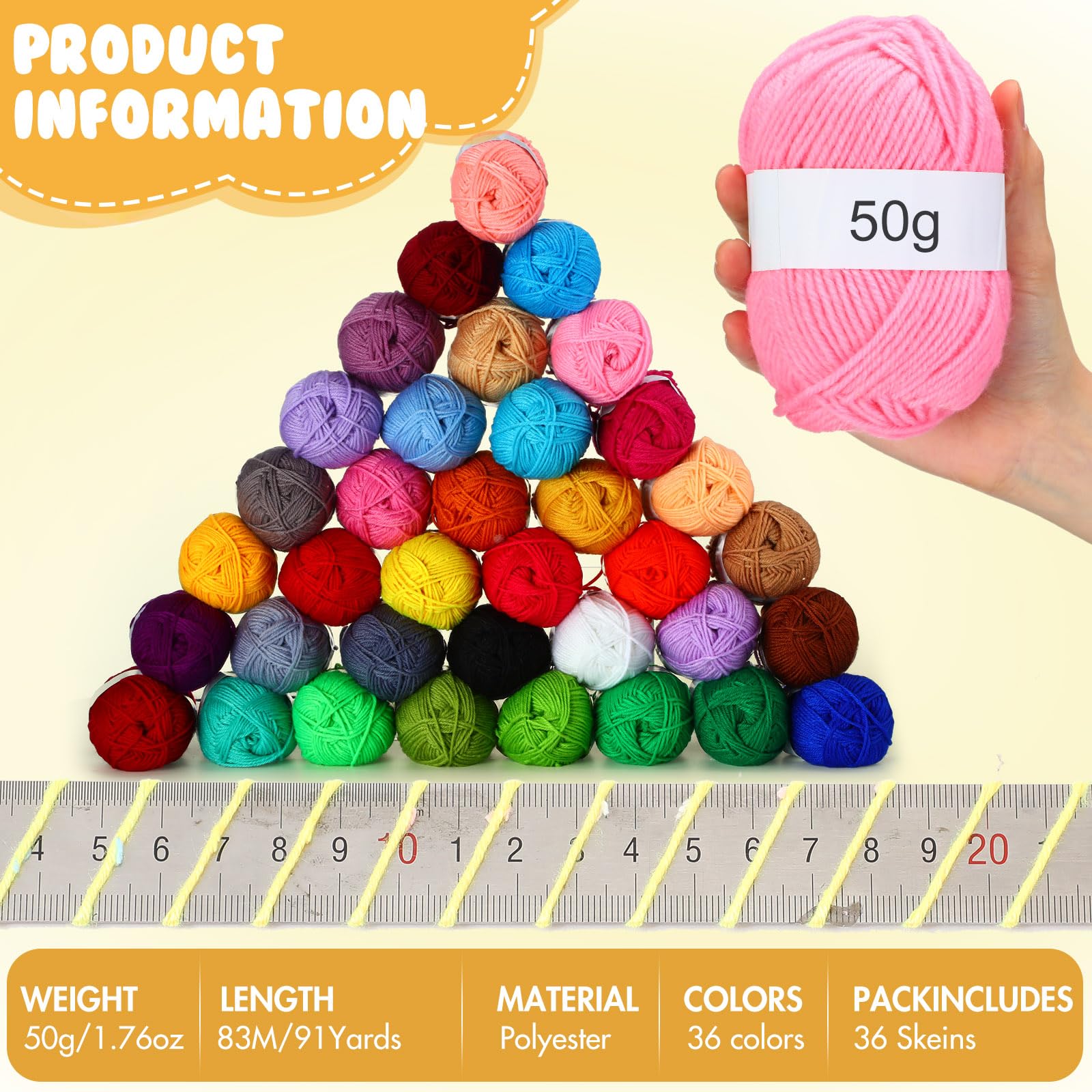 Coume 36 Polyester-Garnknäuel zum Häkeln, 50 g, 3000 m, mehrfarbig, DIY, weiches Baumwollgarn, Großpackung zum Weben, Stricken, Anfänger, Puppen, Geschenke, Handwerk (36 Farben)