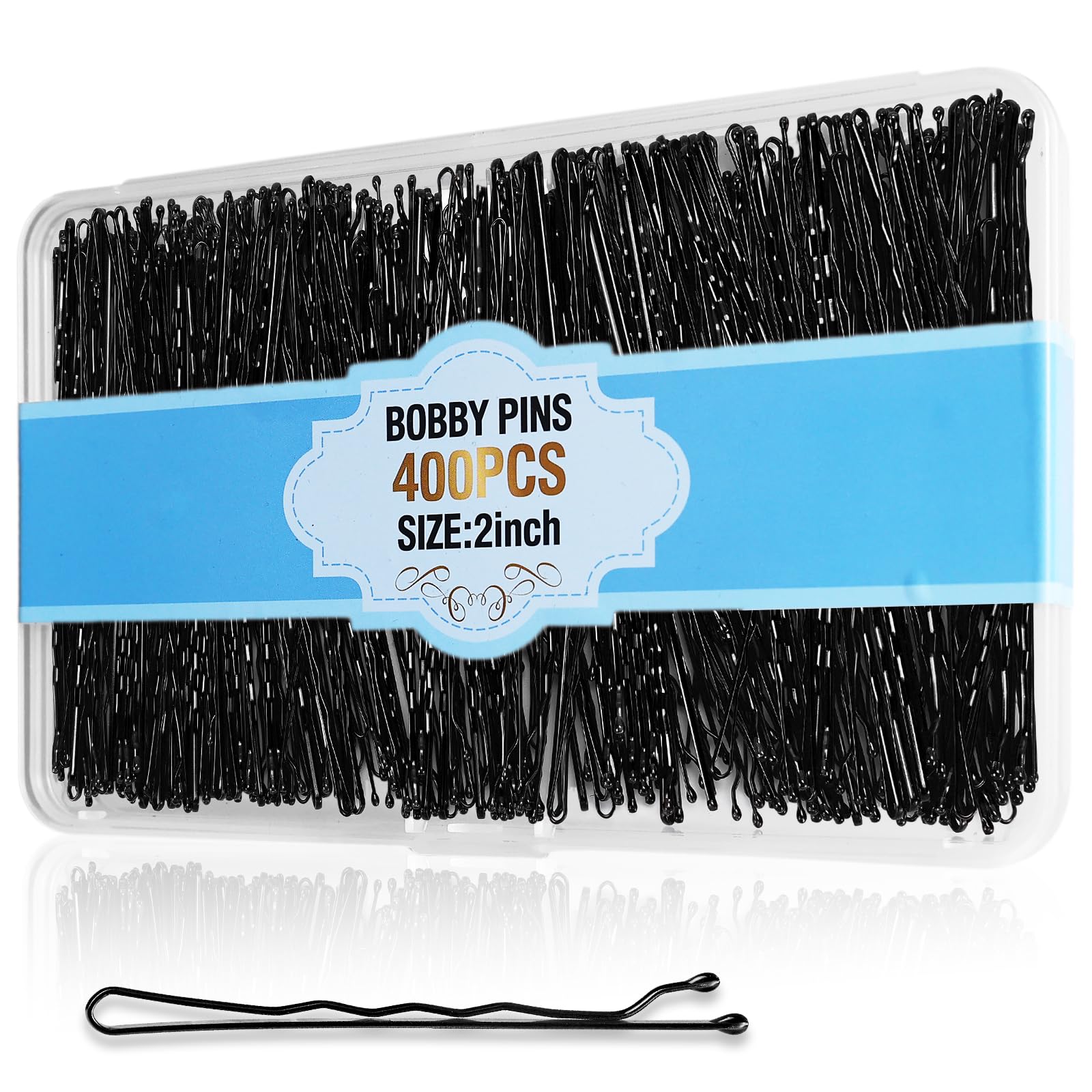 400Pcs Bobby Pins Black, Premium Curved Bobby Pin Brown Blonde Hair Secure-Hold & Pain-Free, 2-Inch Non-Sliding Black Bobby Pins, Invisble Wave Hair