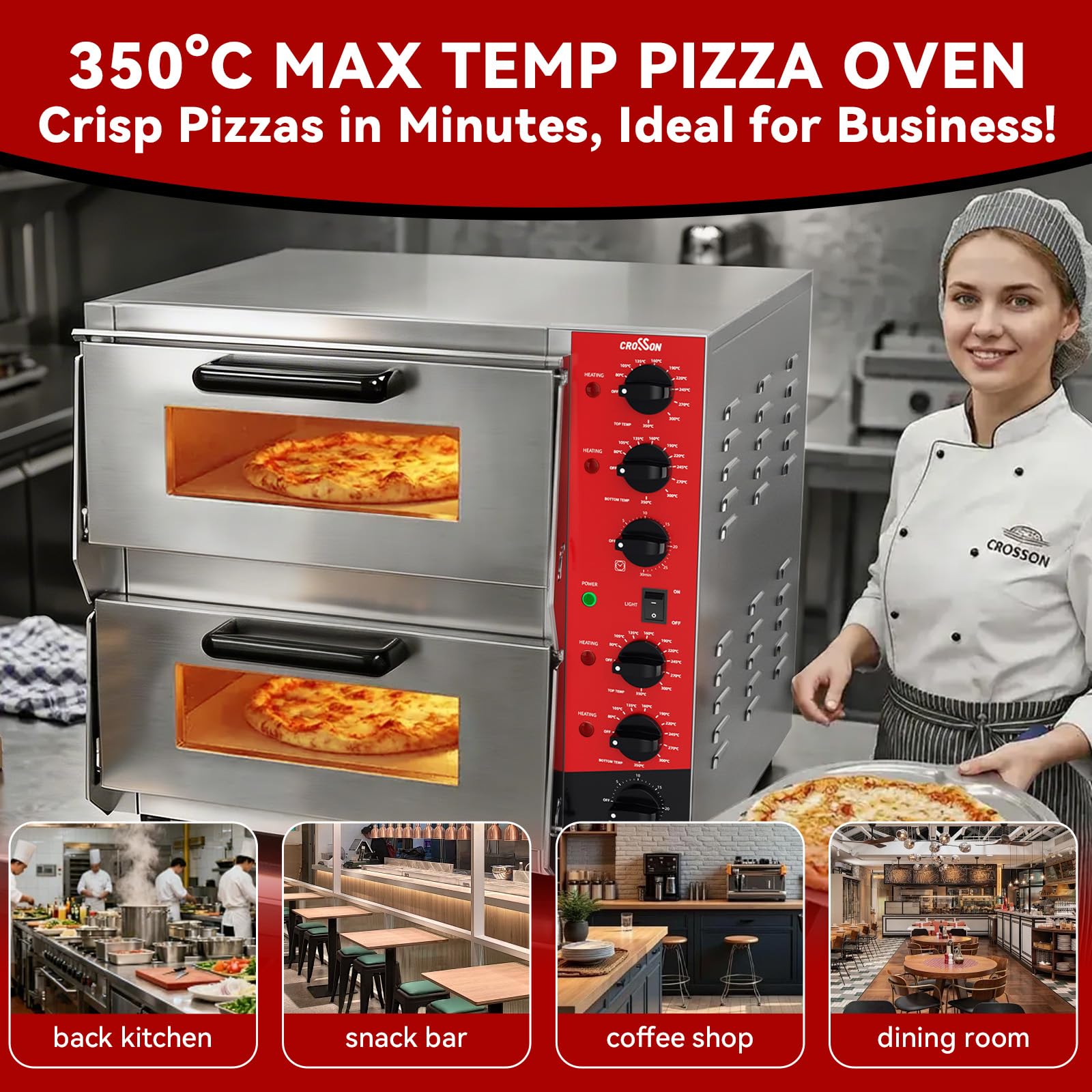 Four à pizza électrique professionnel CROSSON avec surface de cuisson 400x400 mm en pierre d’argile réfractaire pour pizza et pain, température supérieure et inférieure indépendante jusqu’à 350°C