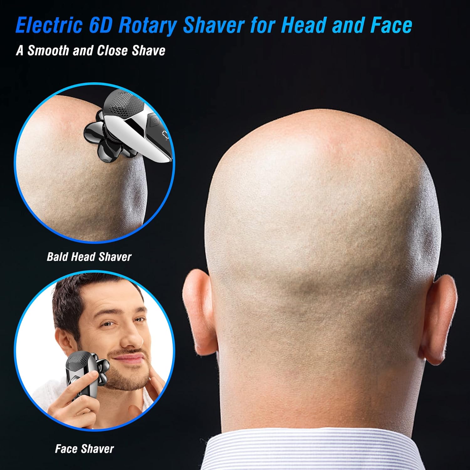 Two circular insets showing the Aesfee AF-8086 shaver being used on a bald head and on a man's face, highlighting its dual functionality.