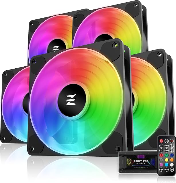 EZDIY-FAB Cube Fan Pro RGB Case Fan 120mm with Fan Hub X and Remote, 5V 3PIN ARGB Fans, Motherboard Aura Sync, High Performance Cooling Fan, Fan Speed Control,Quiet Fan- 5 Pack-Black
