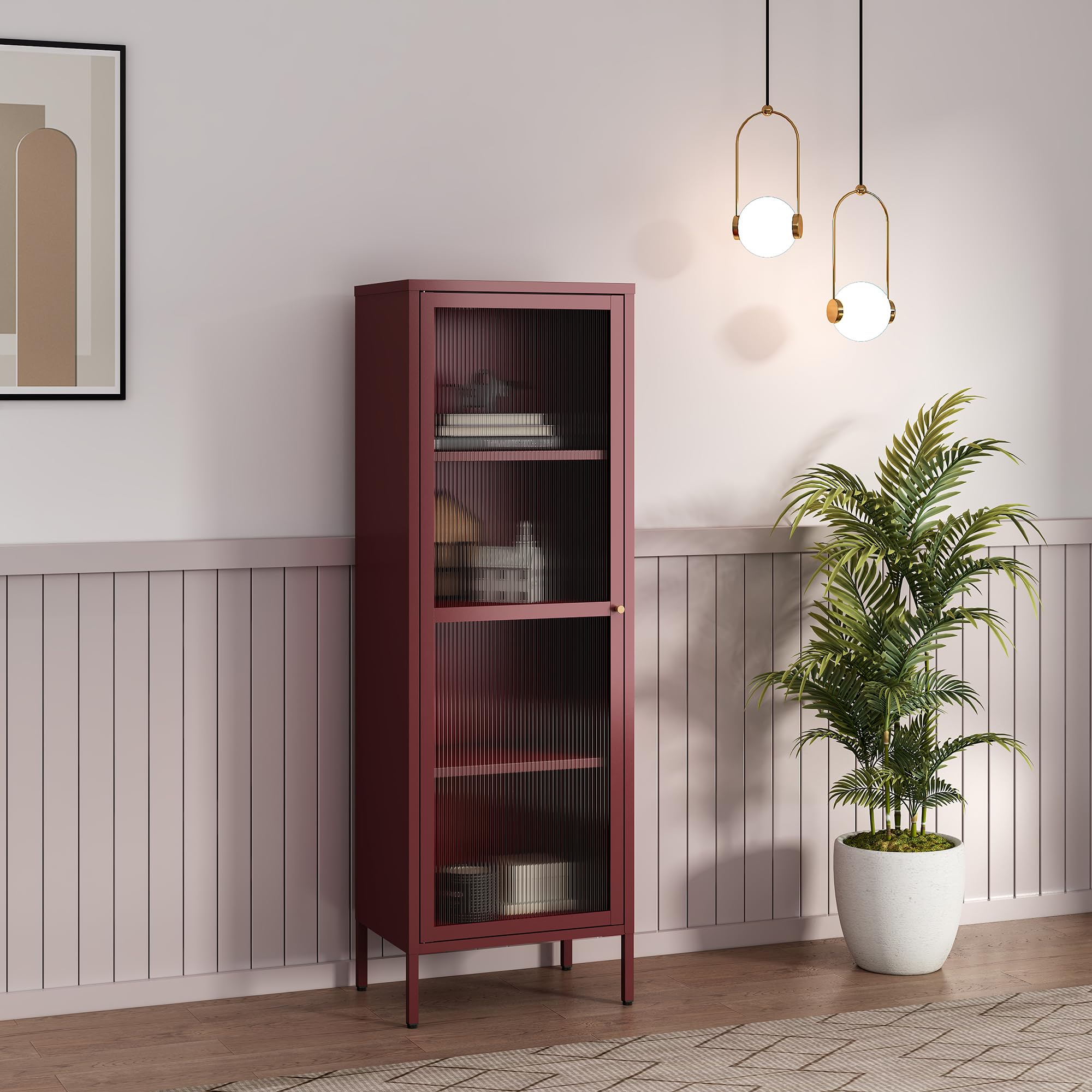 [en.casa] Vitrina Säkylä Aparador para Salón Mueble Auxiliar para Comedor Cocina Dormitorio con Puerta de Cristal y 4 Compartimentos Acero 150 x 50 x 35 cm - Rojo Bordeos y Translúcido
