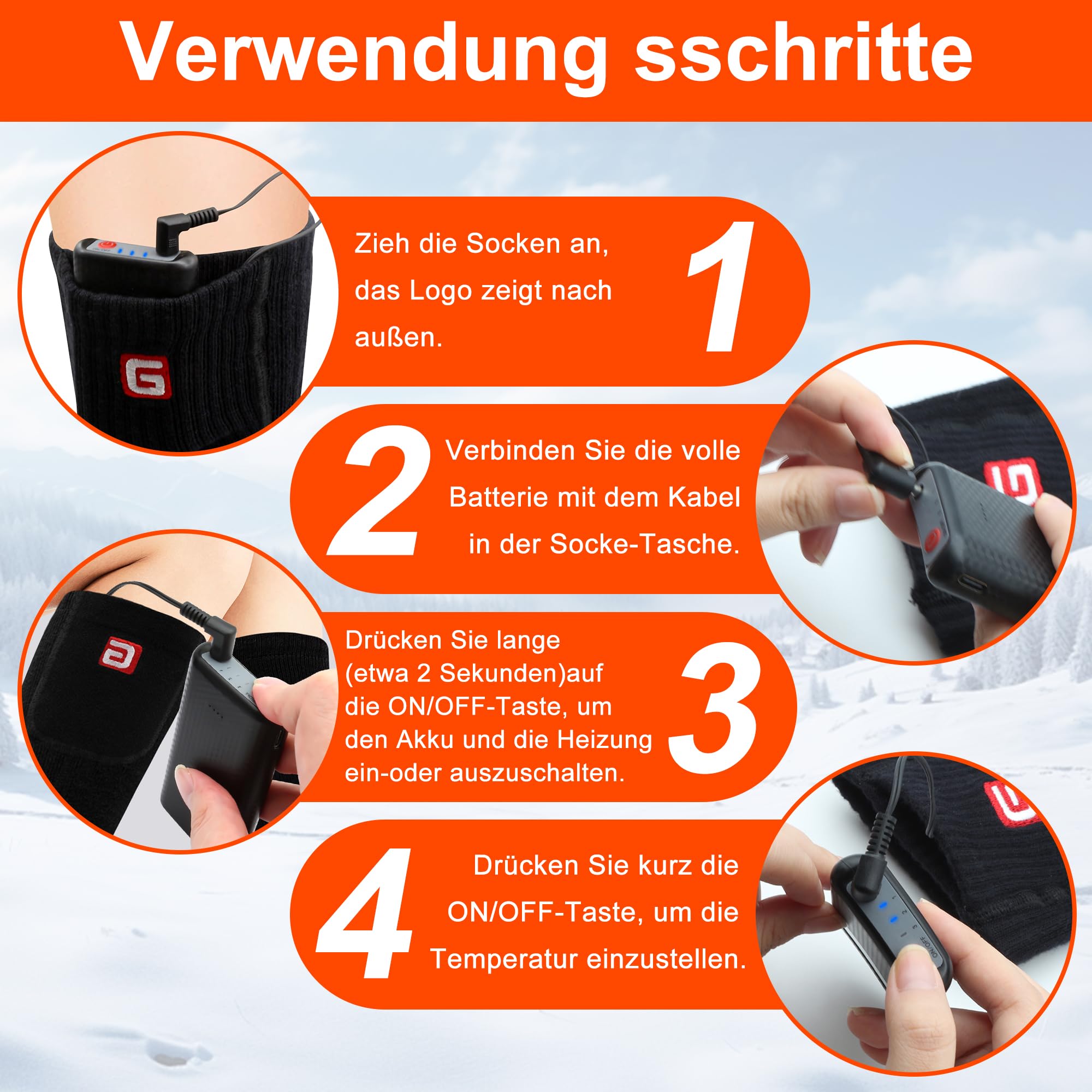 wiederaufladbare beheizbare Socken mit 3 Temperatureinstellungen | 4000 mAh Akku Unisex für Männer und Frauen, waschbar, warme Winter-Socken geeignet für Skifahren und Camping