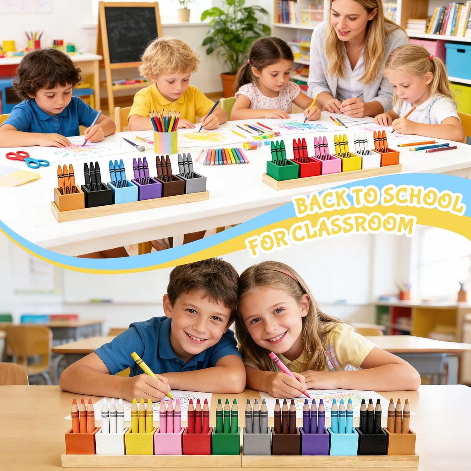Montessori Wooden Crayon Holder (2 Pack) - 12 Removable Cups for Color Sorting & Organizing - Premium Beech Wood Pencil Organizer for Kids, Classroom Storage Caddy for Pencils & Markers