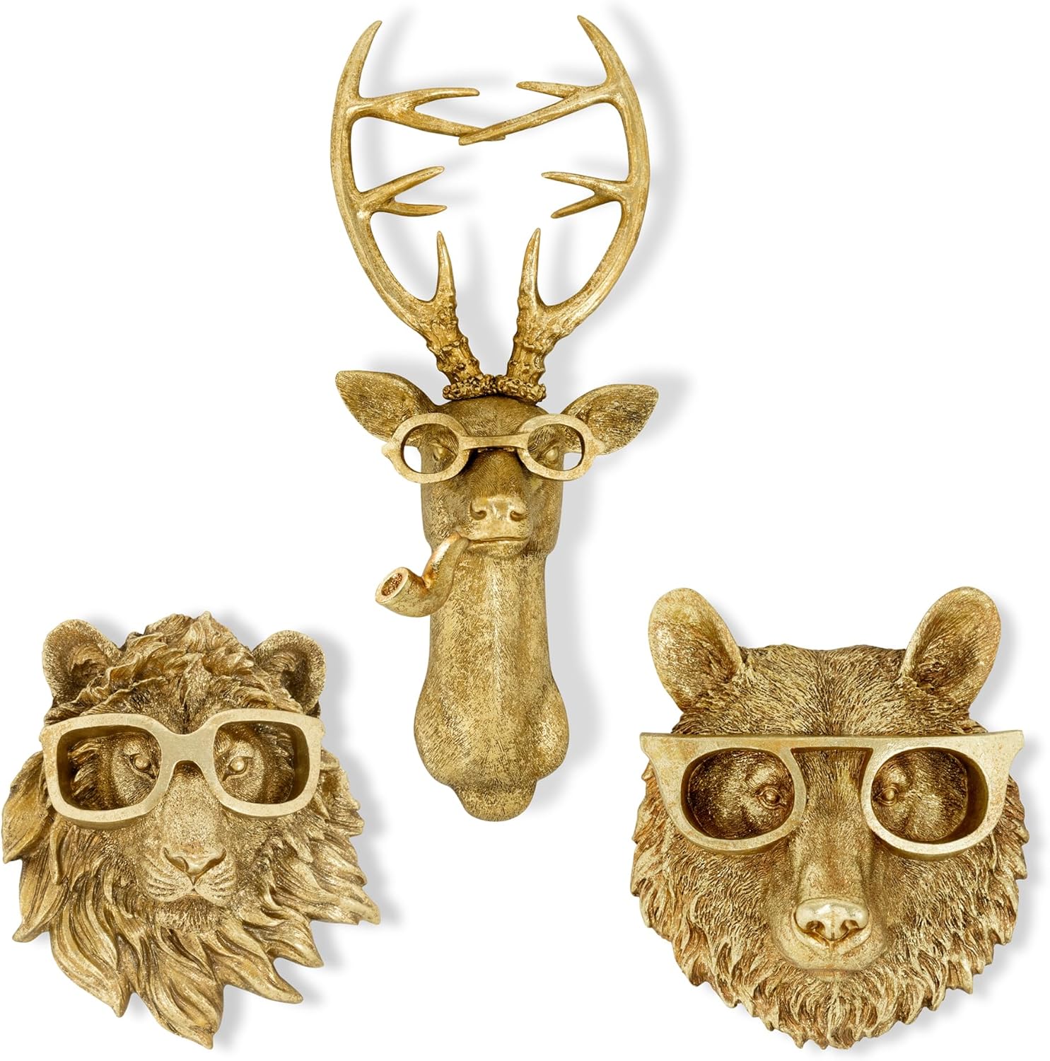 Luxicoze Gold 3pcs Animal Heads Wall Decor - Victorian-Style Lion Head, Bear Head, and Deer Head Wall Mount Decor, Adorned with Spectacles, Resin Home Decor Sculptures for Artistic Living Rooms, Animal Statue.